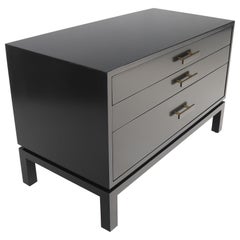 Black Lacquer Three Drawers Brass Pulls Bachelor Chest Nightstand Harvey Probber