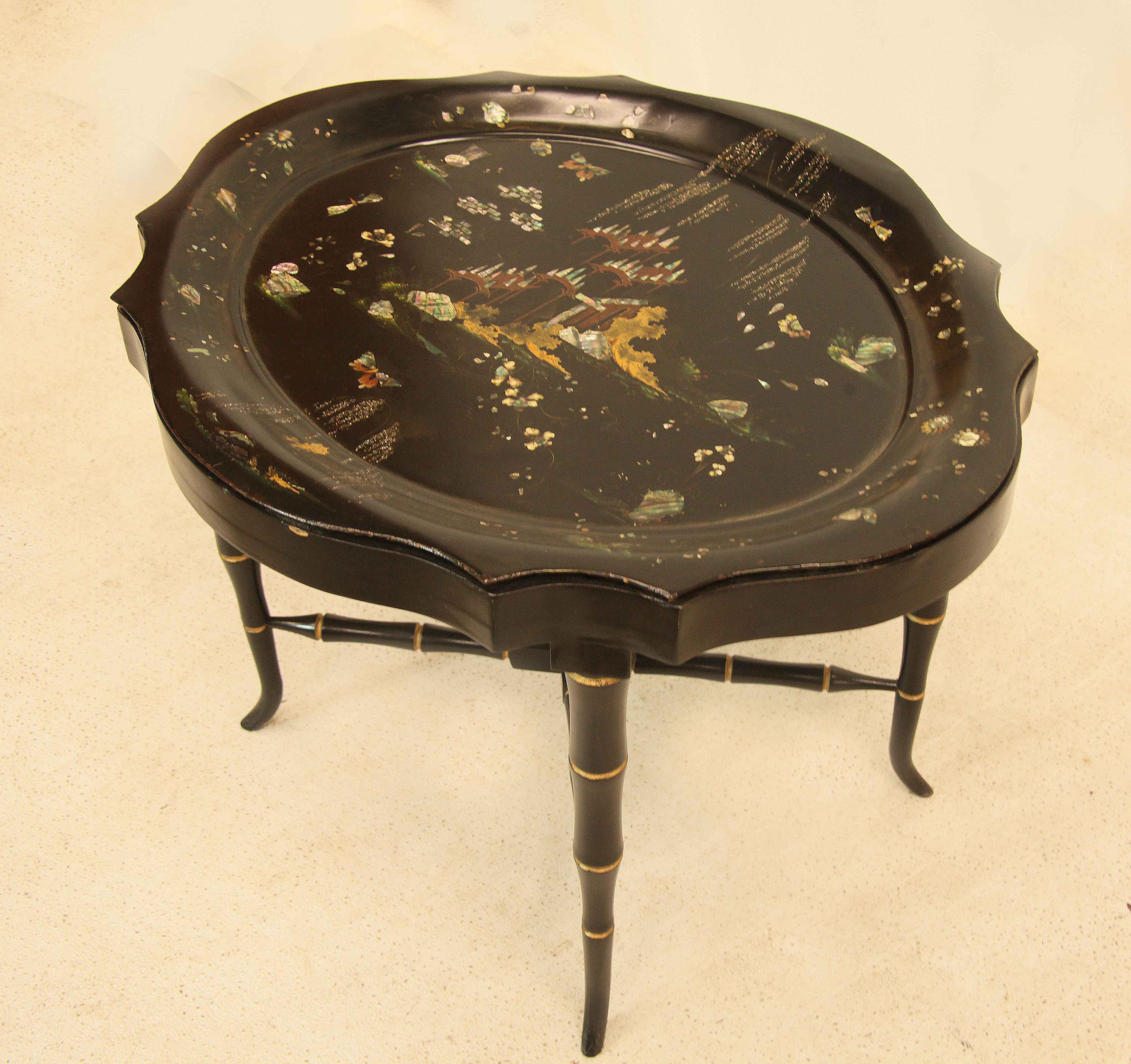 English Black Lacquer Tole Tray Table For Sale