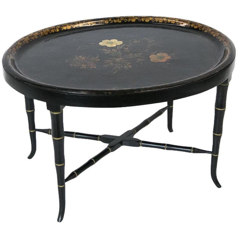 Black Lacquer Tole Tray Table at 1stDibs