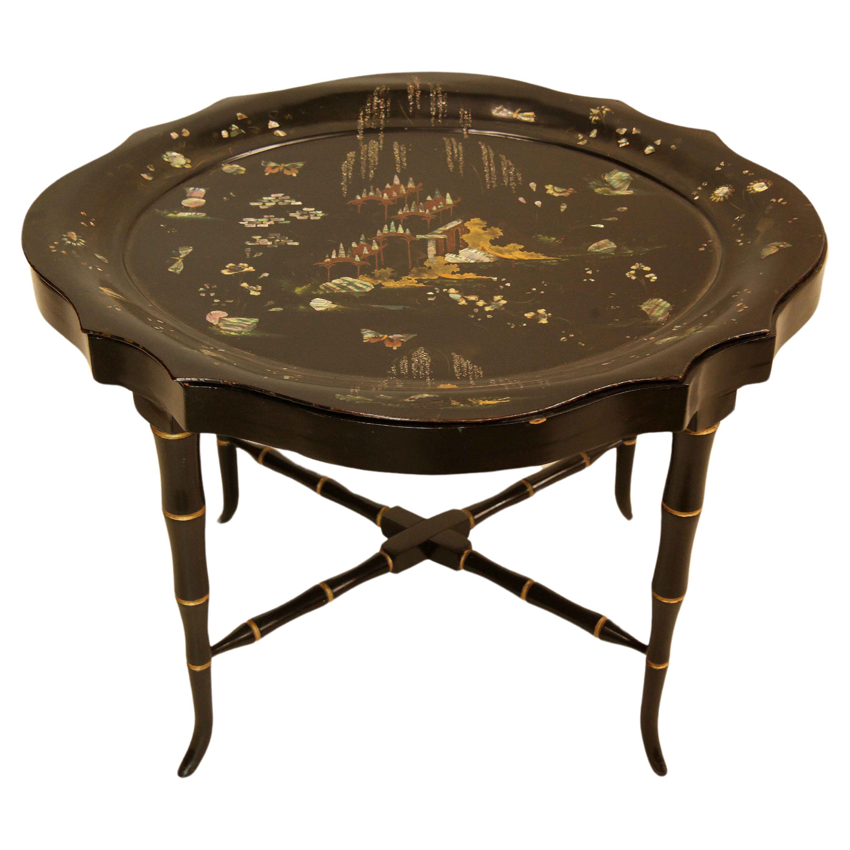 Black Lacquer Tole Tray Table For Sale