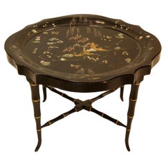 Antique Black Lacquer Tole Tray Table