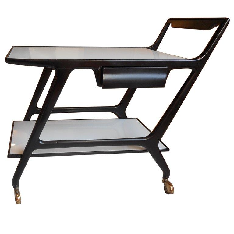 Lacquered Black Lacquer Trolley With White Opaline Trays by Cesare Lacca