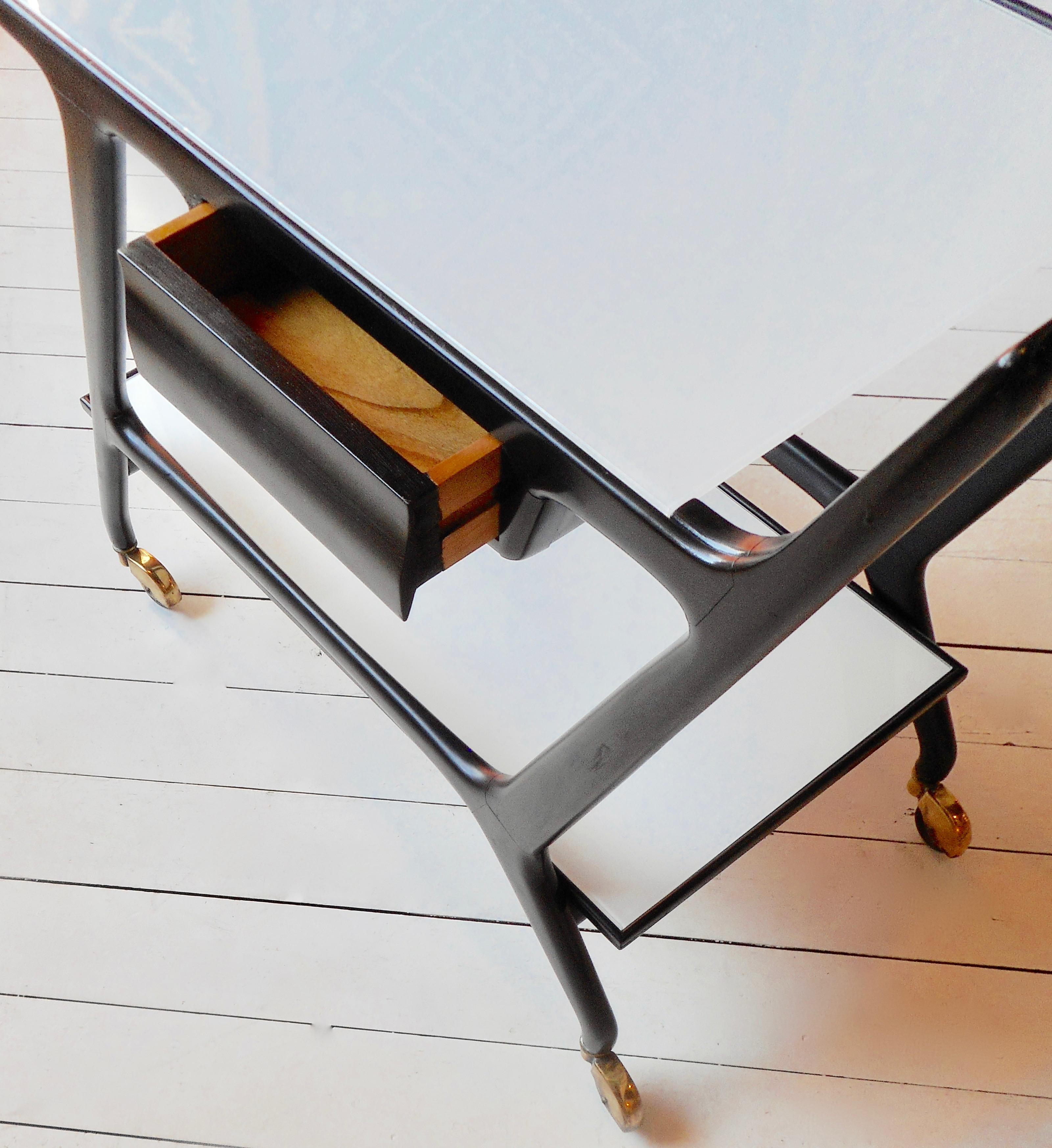 Italian Black Lacquer Trolley With White Opaline Trays by Cesare Lacca