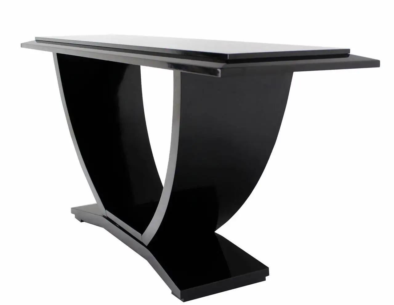 ¡Mesa consola con base arqueada en forma de U lacada en negro de Drexel MINT! Moderno de mediados de siglo en venta
