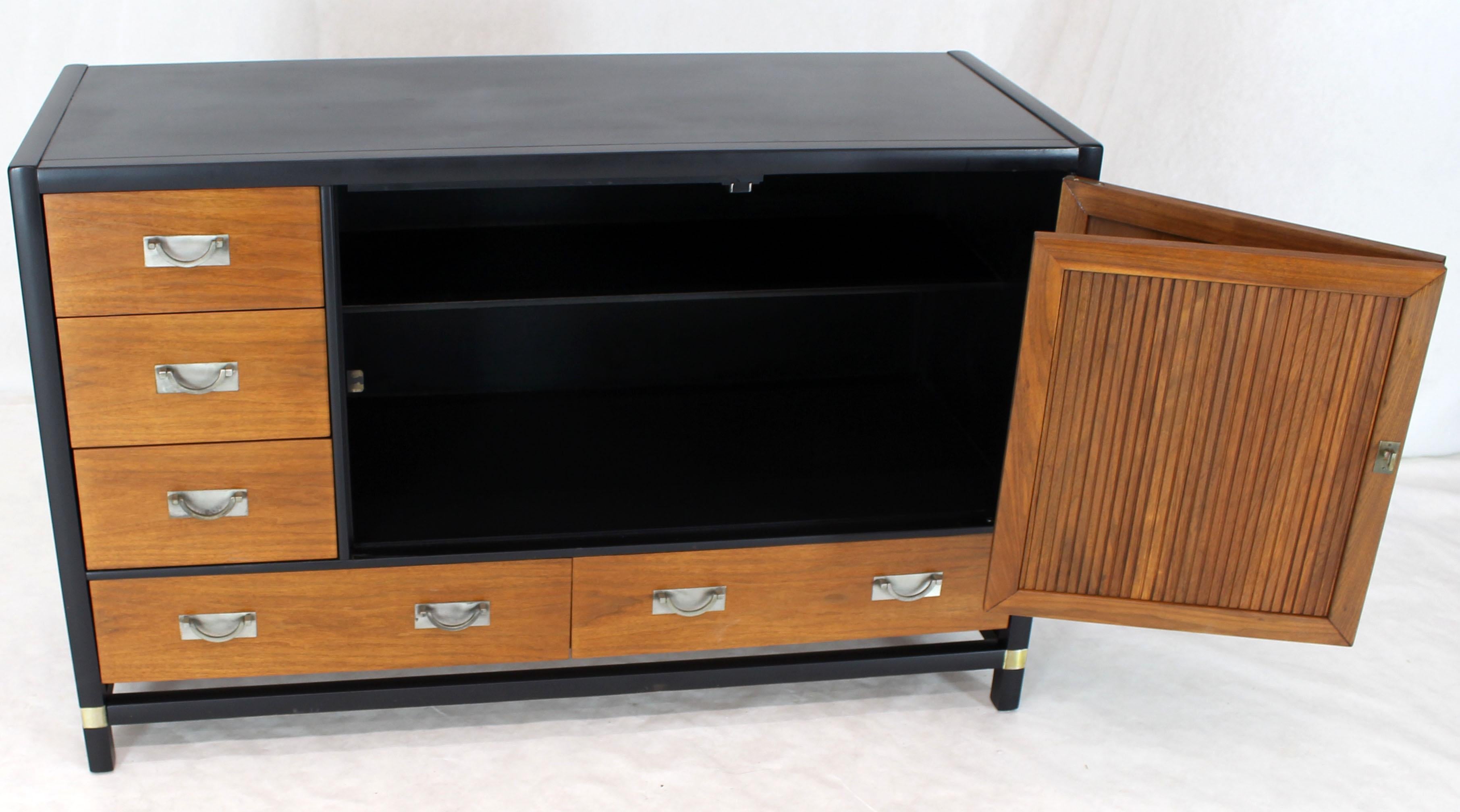 Mid-Century Modern walnut and black lacquer two-tone cabinet credenza dresser chest with double 