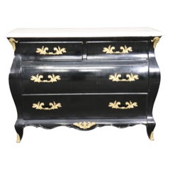 Black Lacquer White Marble Top French Louis XV Style Bombe Commode Dresser