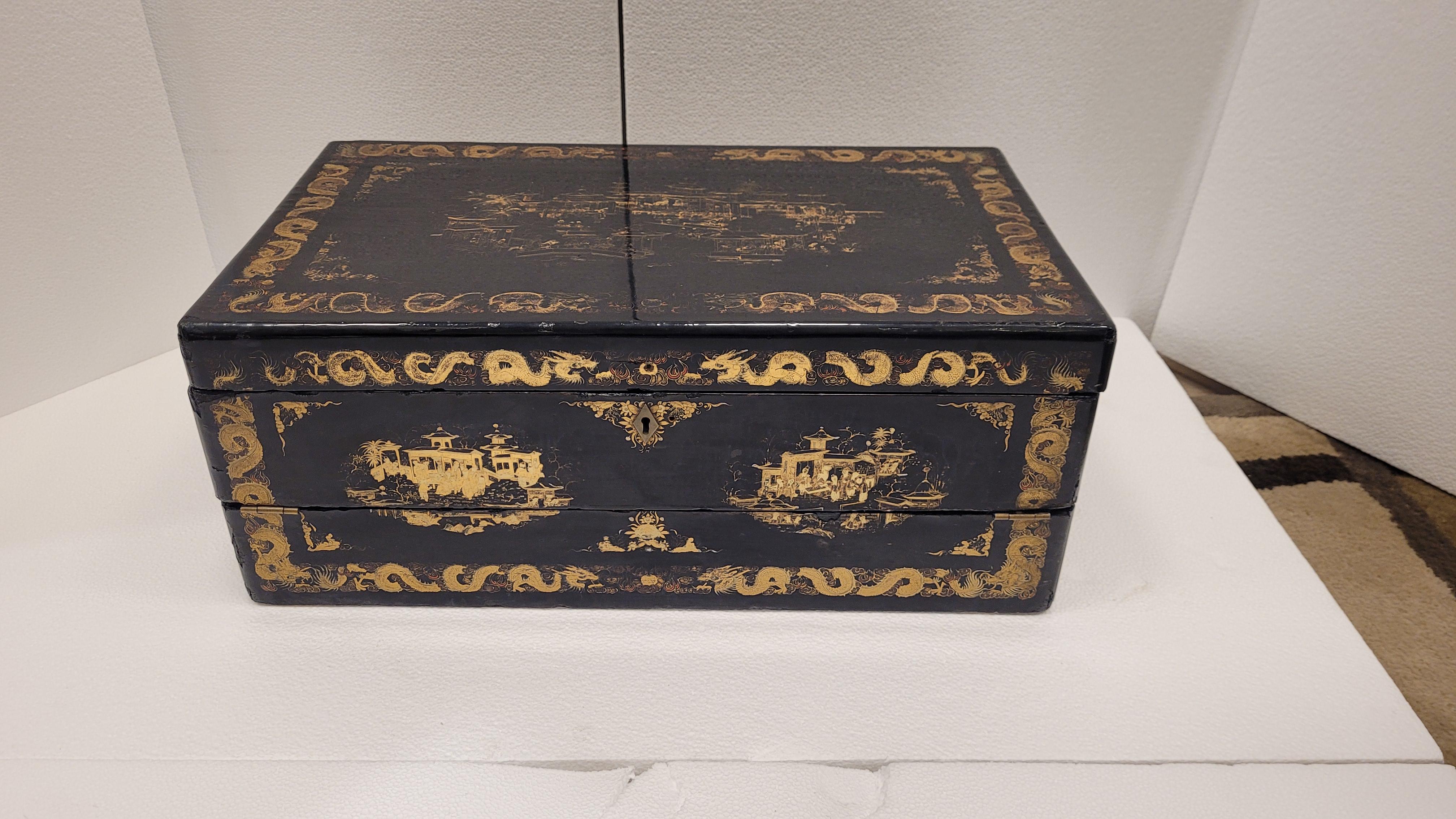 black lacquer wood chinoiserie travel Desk George III For Sale 6
