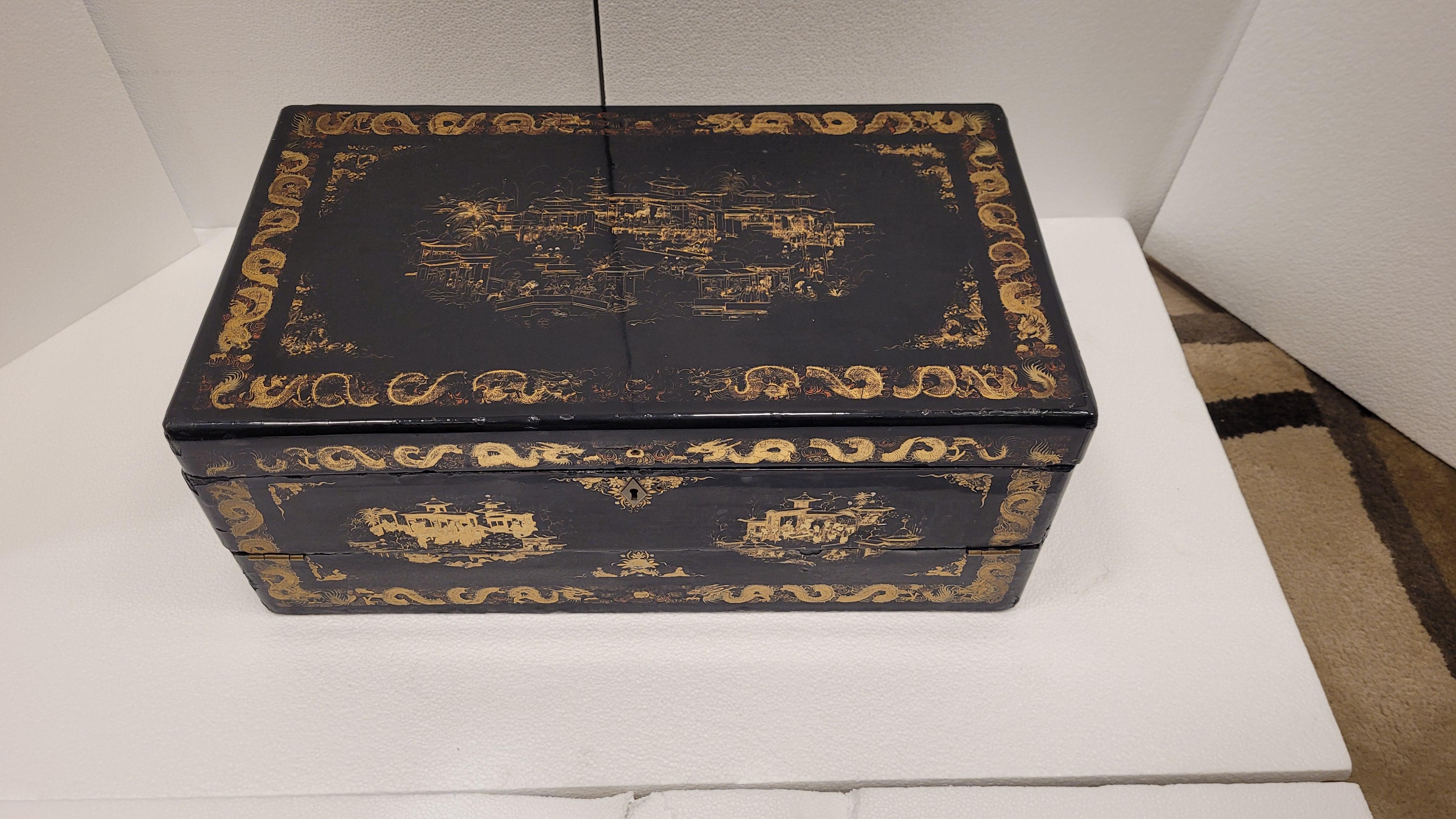 black lacquer wood chinoiserie travel Desk George III For Sale 7