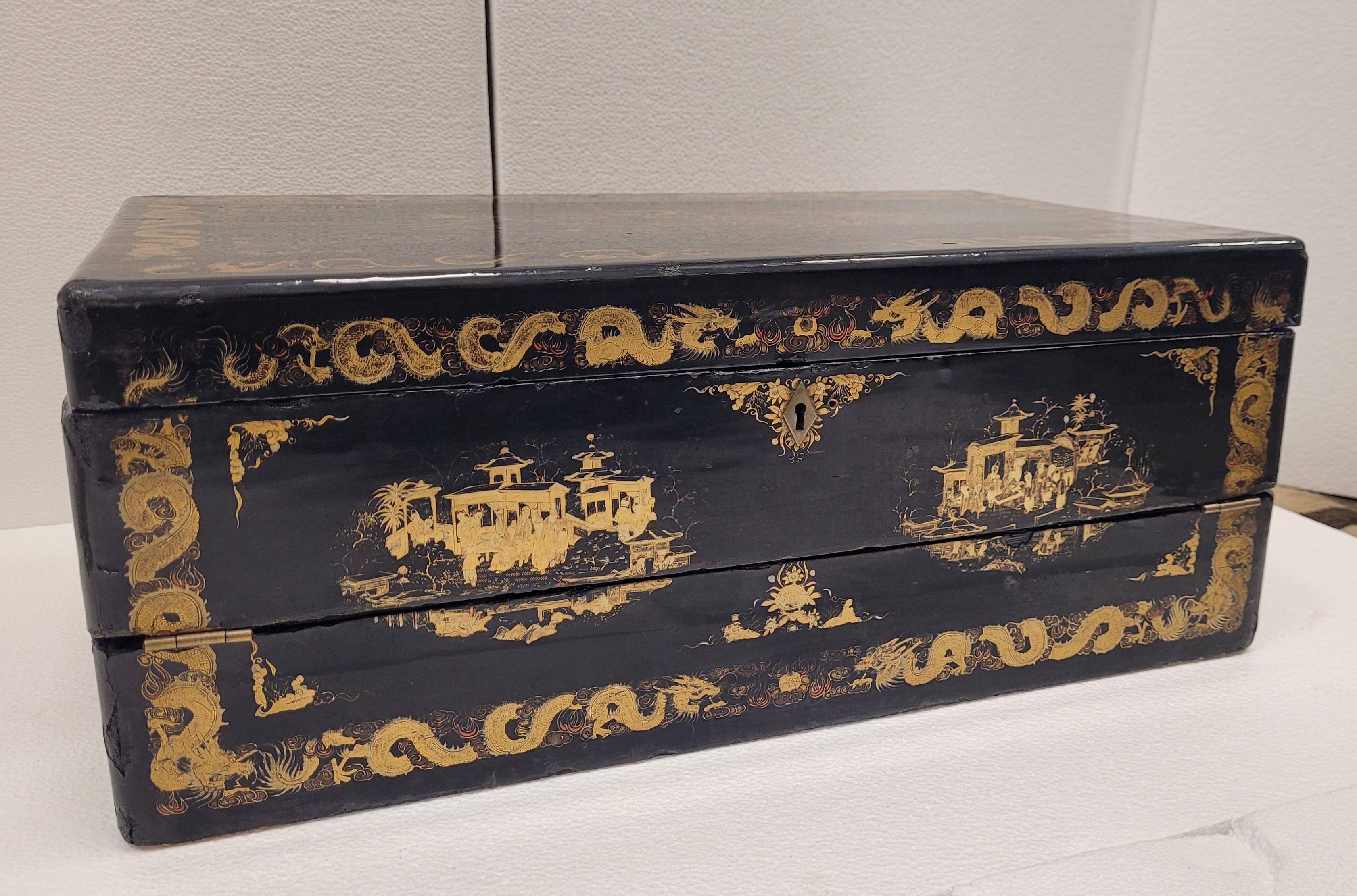 black lacquer wood chinoiserie travel Desk George III For Sale 8