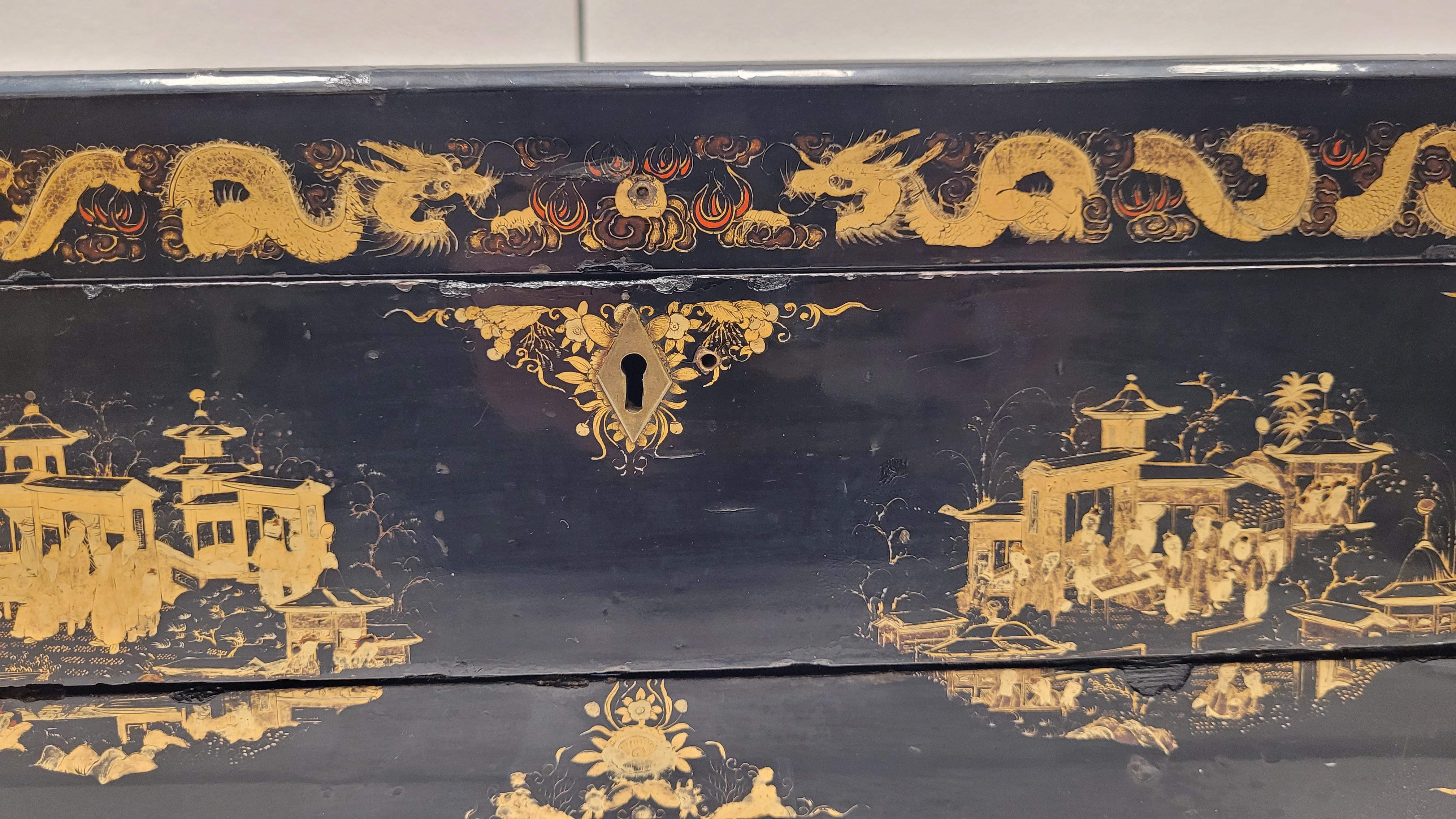 black lacquer wood chinoiserie travel Desk George III For Sale 9