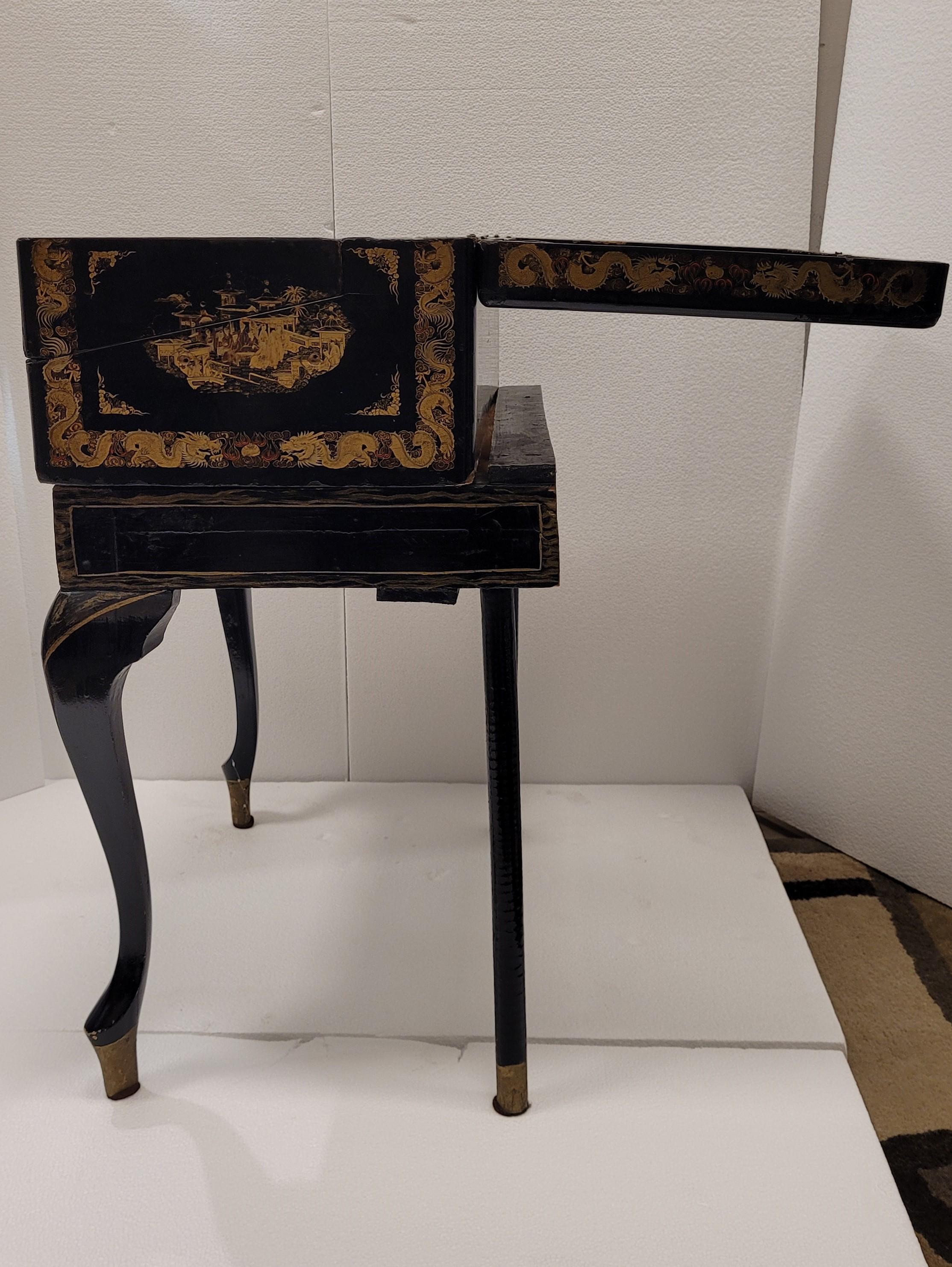 black lacquer wood chinoiserie travel Desk George III For Sale 11