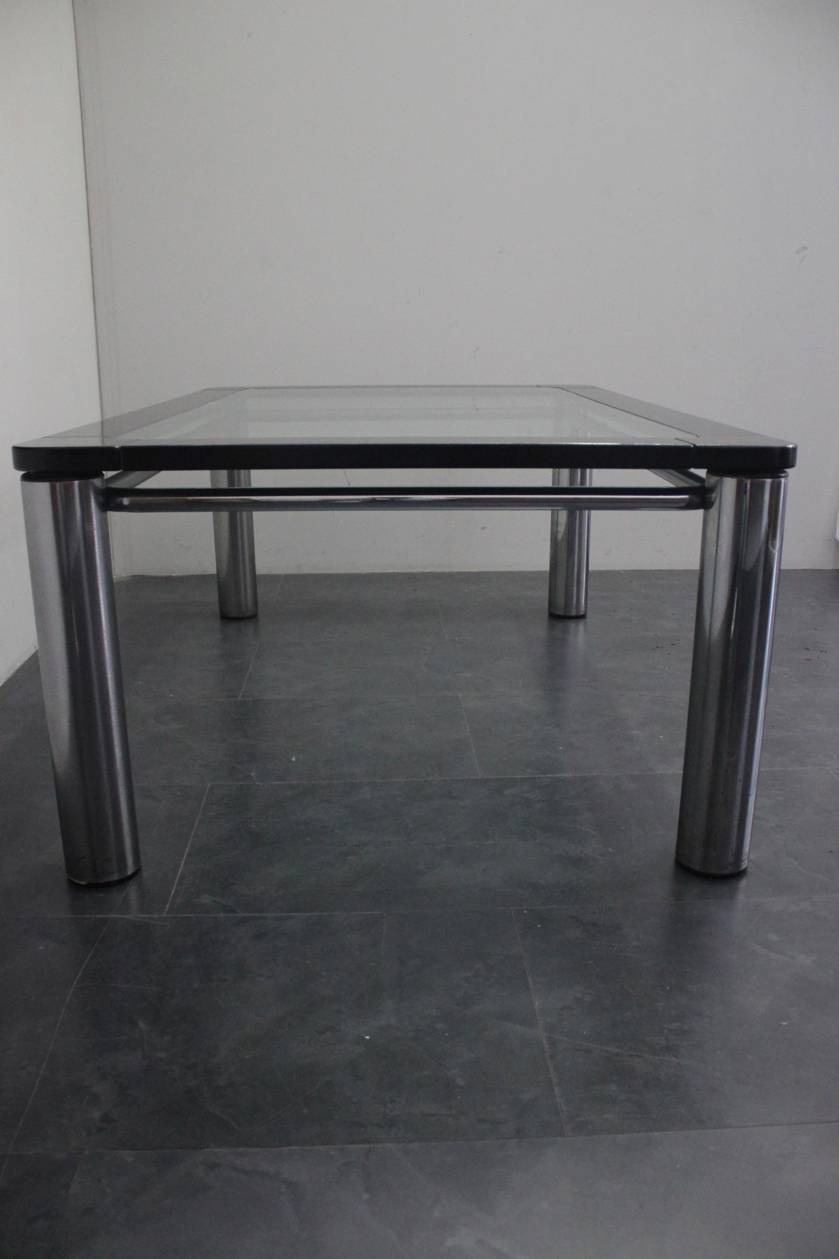 Late 20th Century Black Lacquer Wood, Steel, and Glass Dining Table by Marco Zanuso for Zanotta For Sale