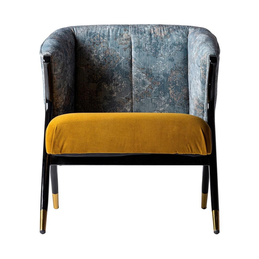 Black lacquer wooden structure with brass finish adorned with velvet seat and graghic fabric back lounge armchair in a Mid-Century Modern style.