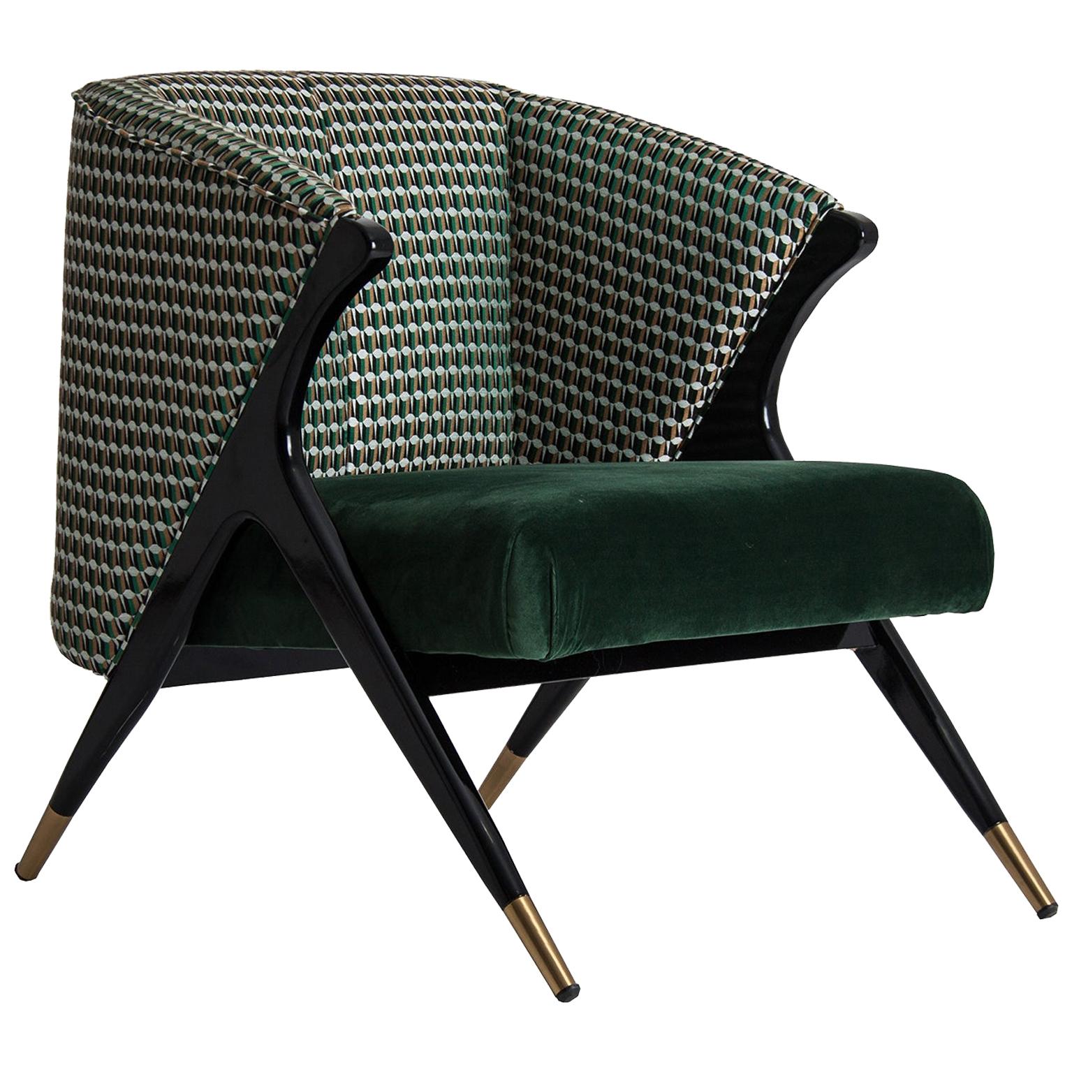 Black Lacquer Wooden and Velvet Lounge Armchair