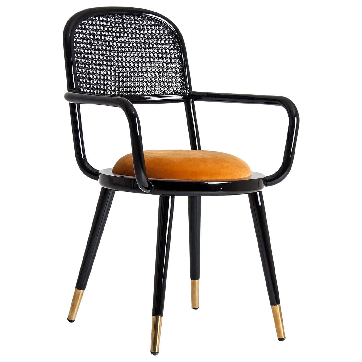 Black Lacquer Wooden and Woven Cane Chair