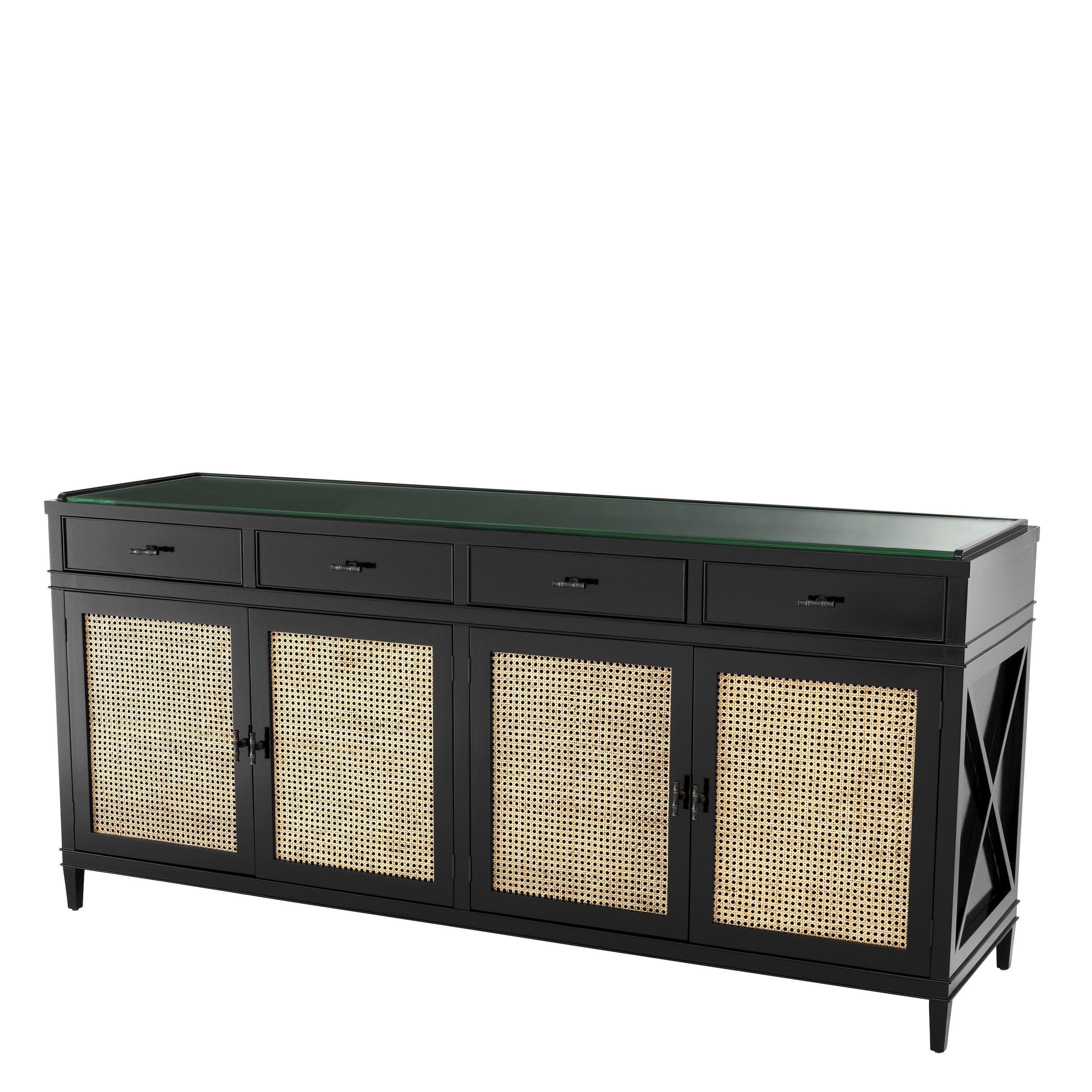 Black lacquer wooden structure adorned with woven cane panels doors and glass tray Art Deco style sideboard.