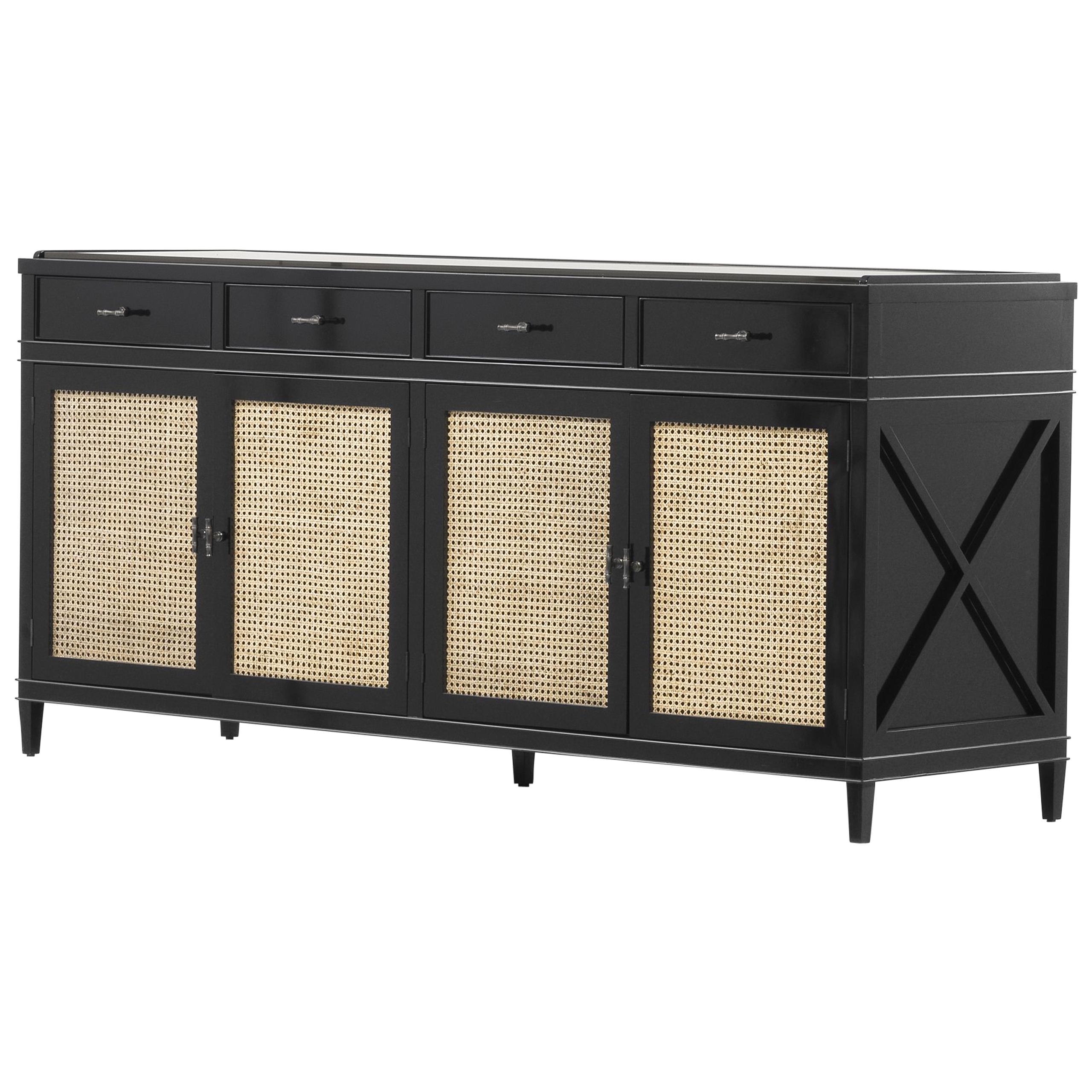 Black Lacquer Wooden and Woven Cane Sideboard For Sale