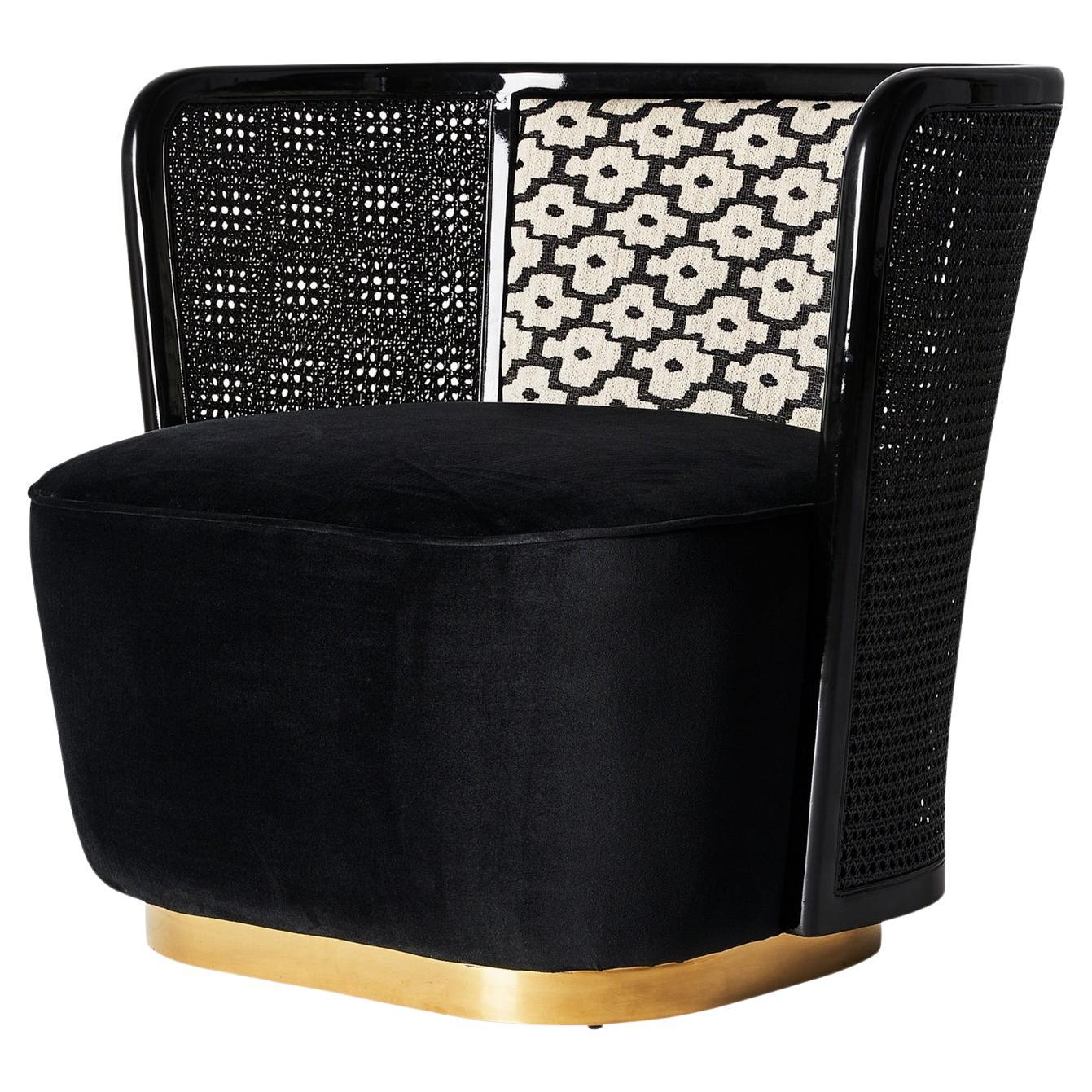 Sessel aus schwarzem Holz mit schwarzem Lack und schwarzem und weißem Stoff