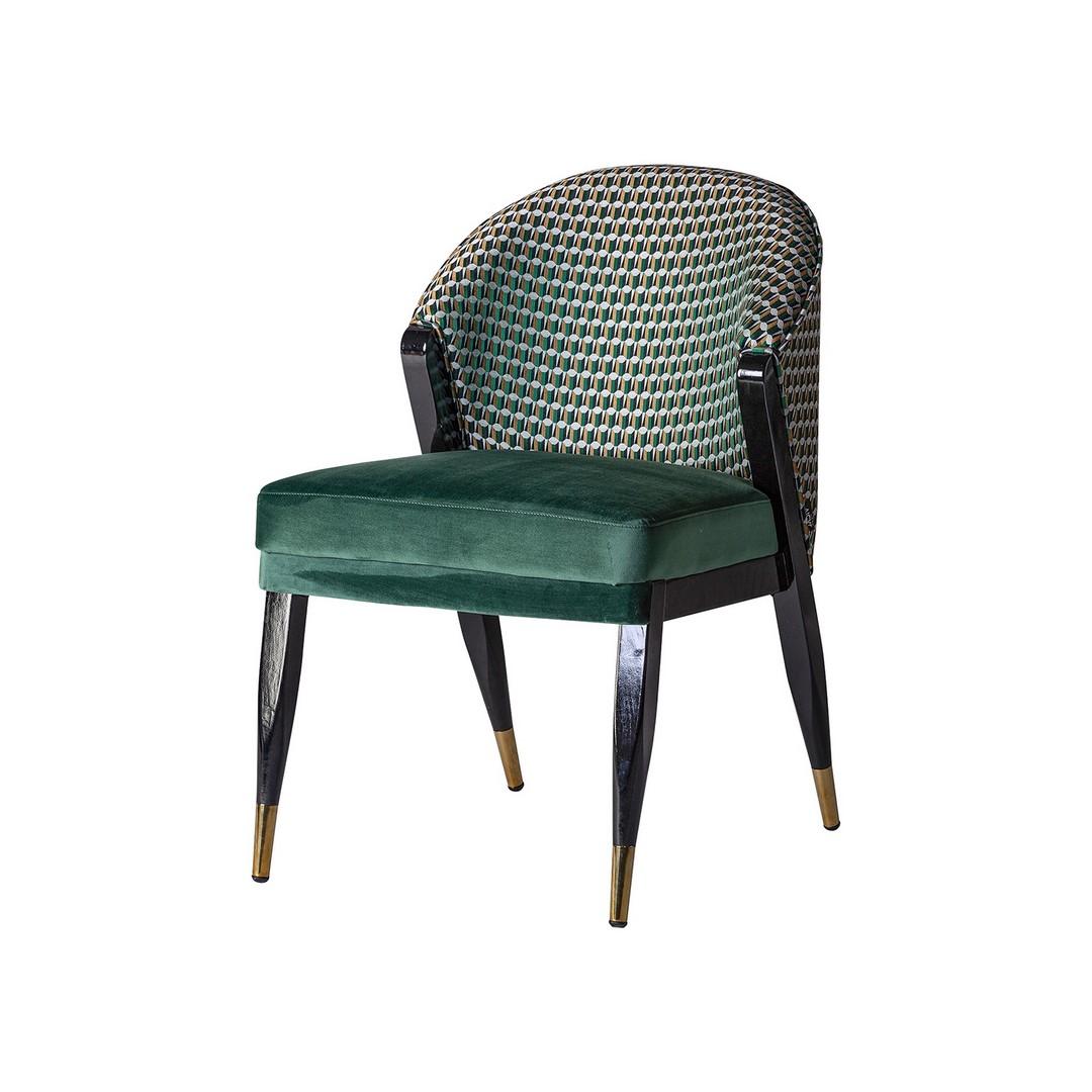 Contemporary Black Lacquer Wooden with Green and Graphic Velvet Chair For Sale