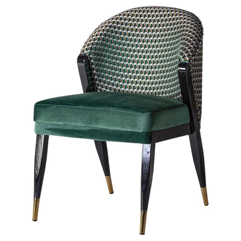 Sessel aus schwarzem Lackholz mit grünem und grafischem Samt im Angebot