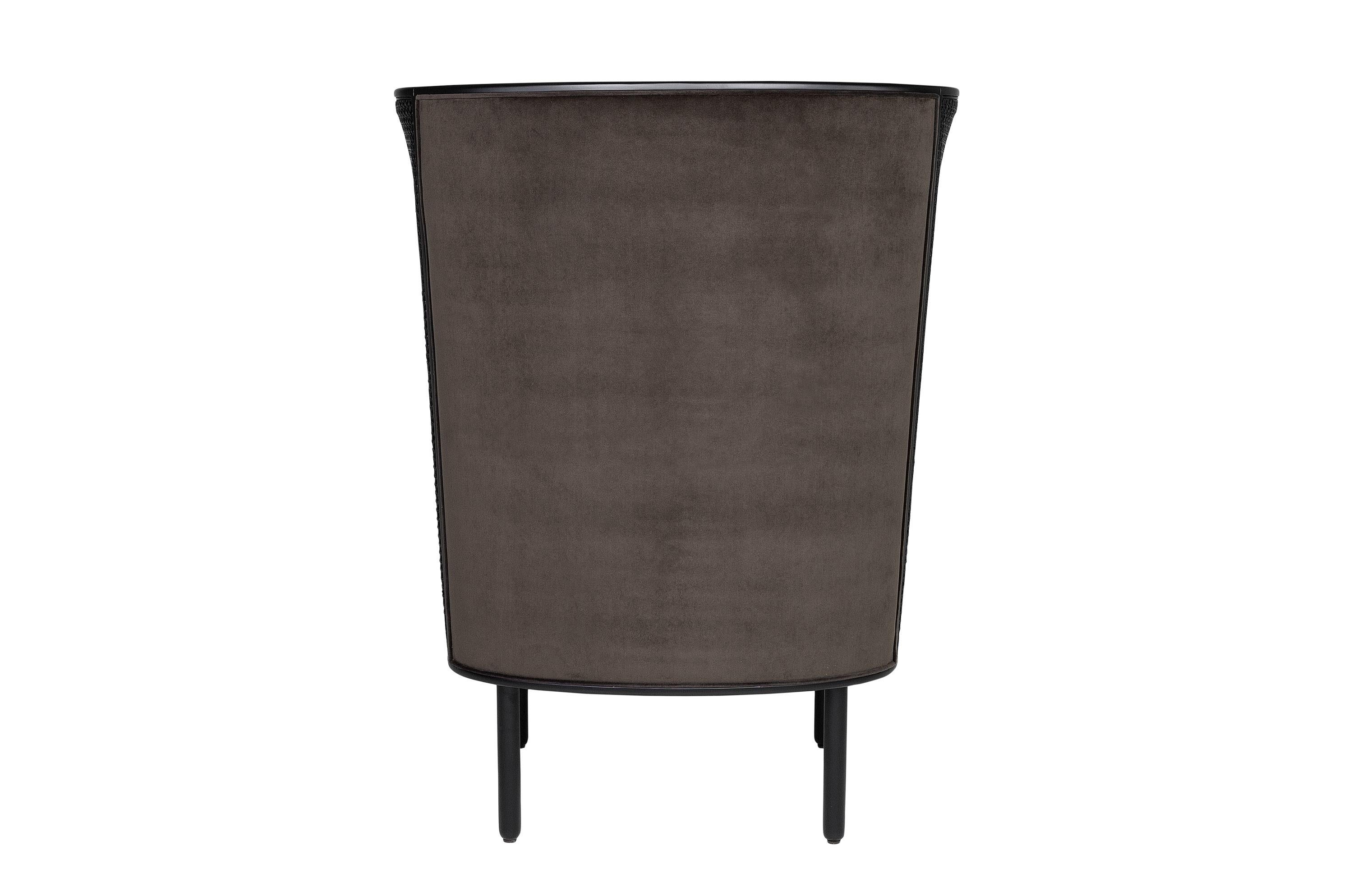 Mid-Century Modern Black Lacquered Woven Cane and Wooden with Velvet Armchair