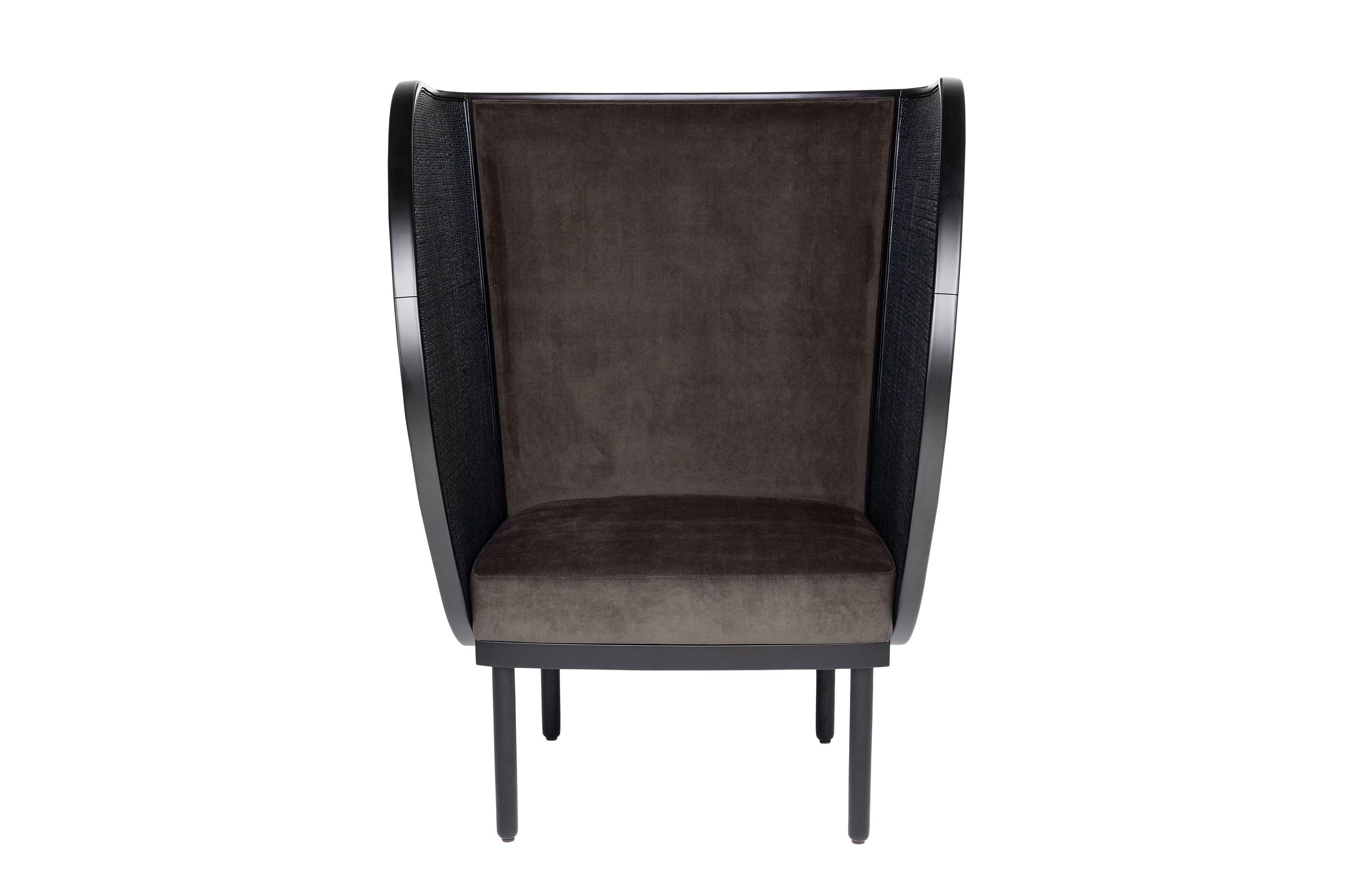 European Black Lacquered Woven Cane and Wooden with Velvet Armchair