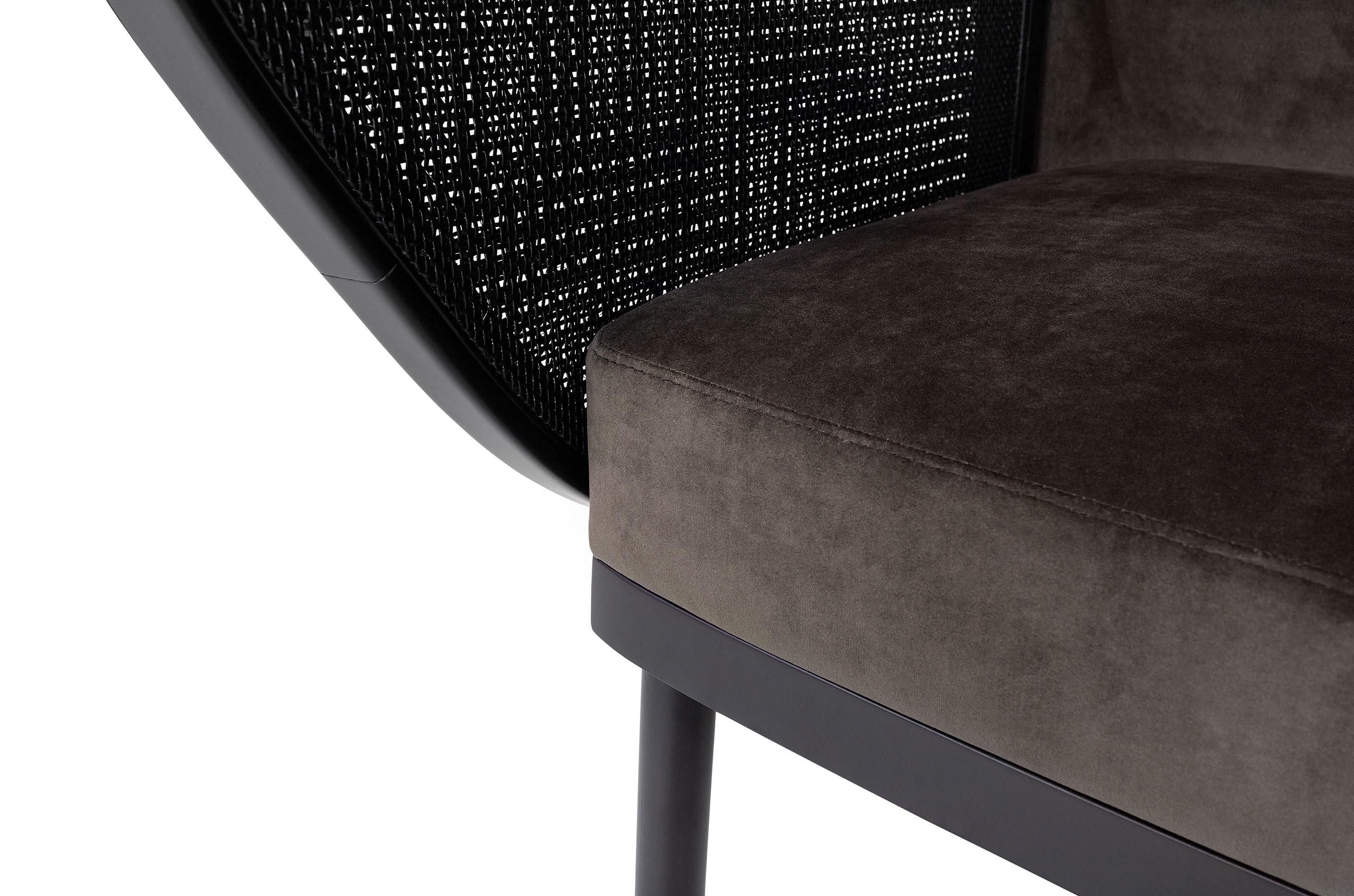 Black Lacquered Woven Cane and Wooden with Velvet Armchair 1