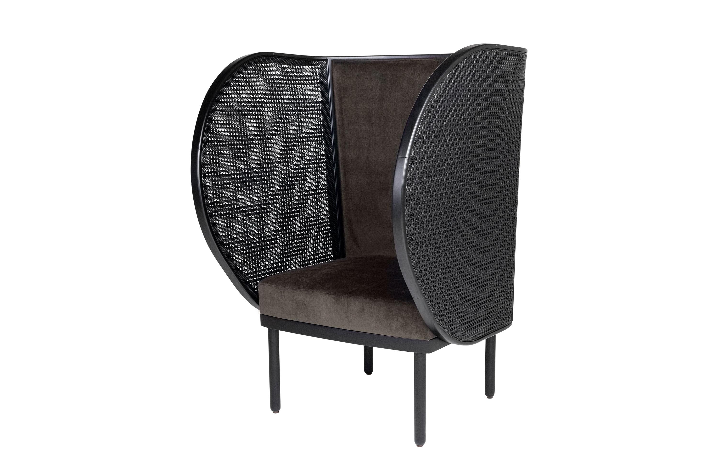 Black Lacquered Woven Cane and Wooden with Velvet Armchair 3
