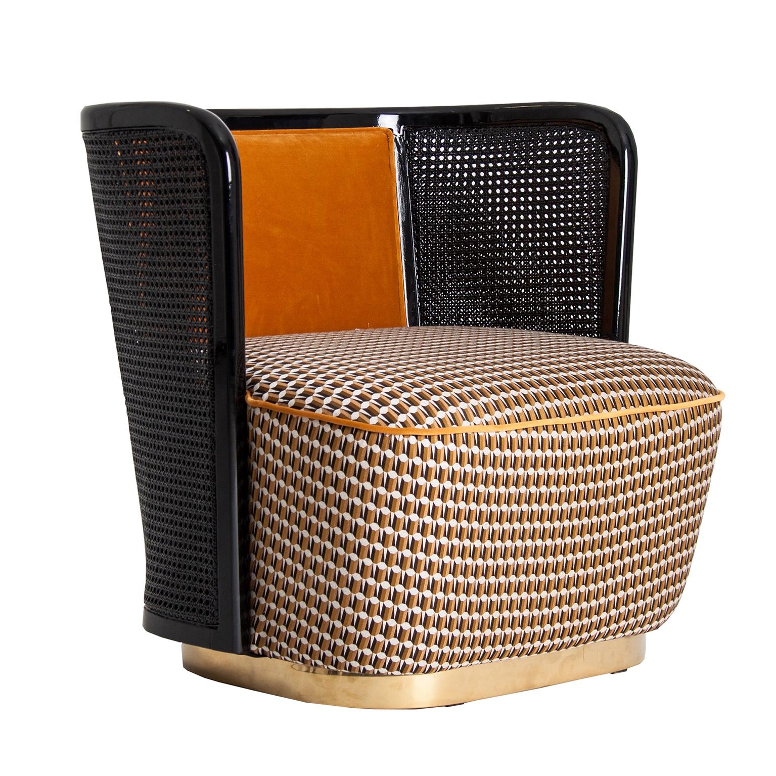 Black lacquered woven wicker cane and black lacquered wooden frame with gold feet and velvet lounge armchair.
