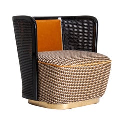 Black Lacquer Woven Cane Wooden and Velvet Armchair