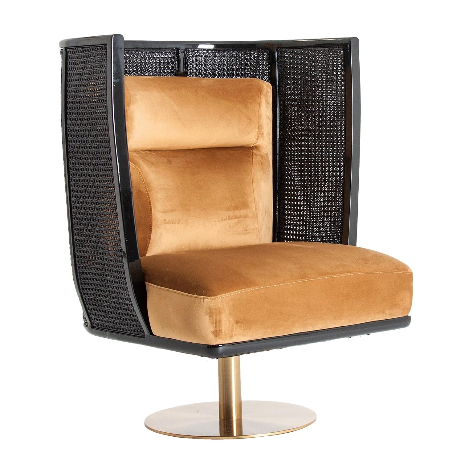 Black Lacquer Woven Cane Wooden and Velvet Armchair