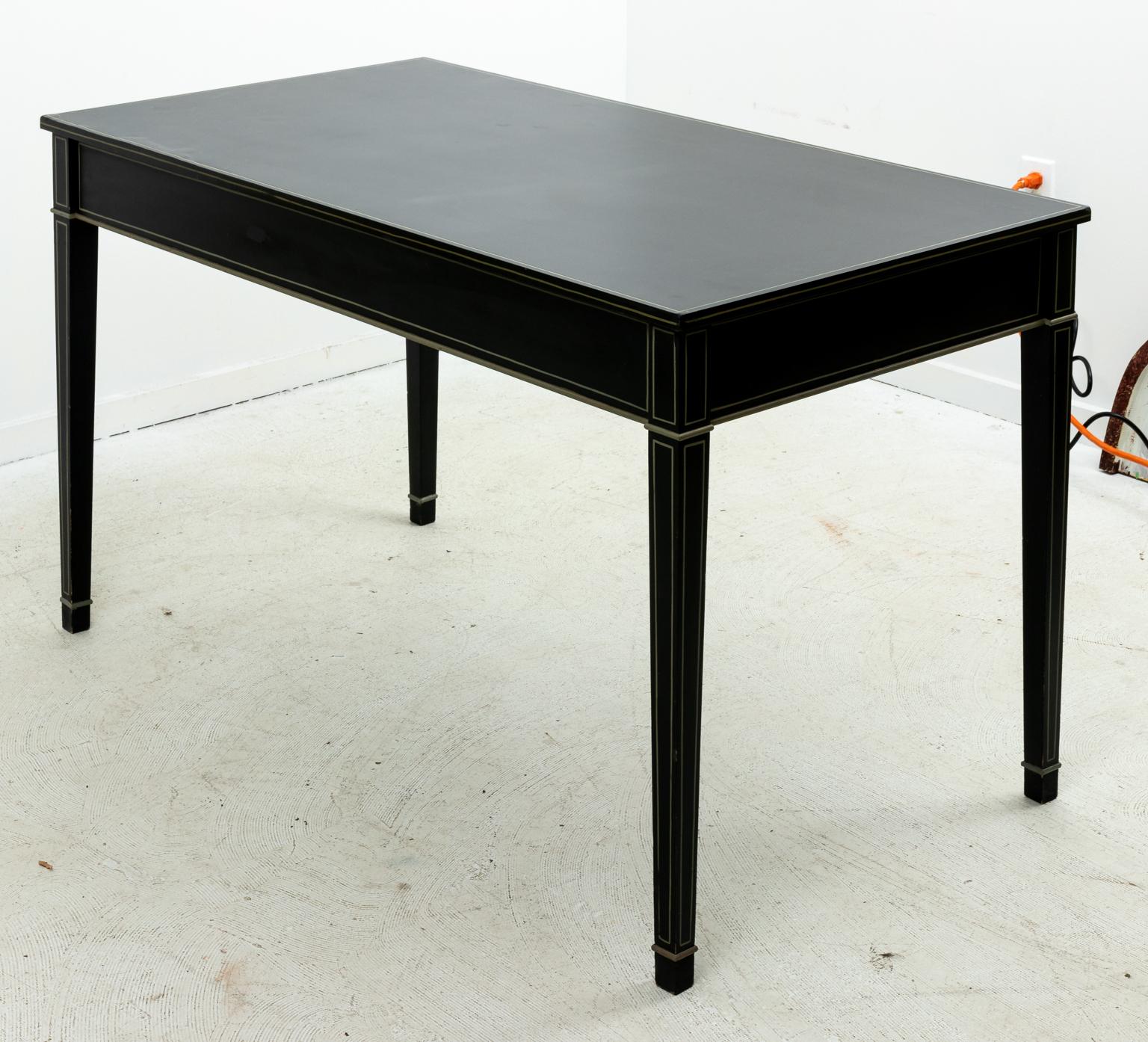 Black lacquer writing desk made for the George Smith showroom by Sudley Castle furniture, circa 1990s. Made in England. Please note of wear consistent with age as seen on the tabletop with slight bubbling.