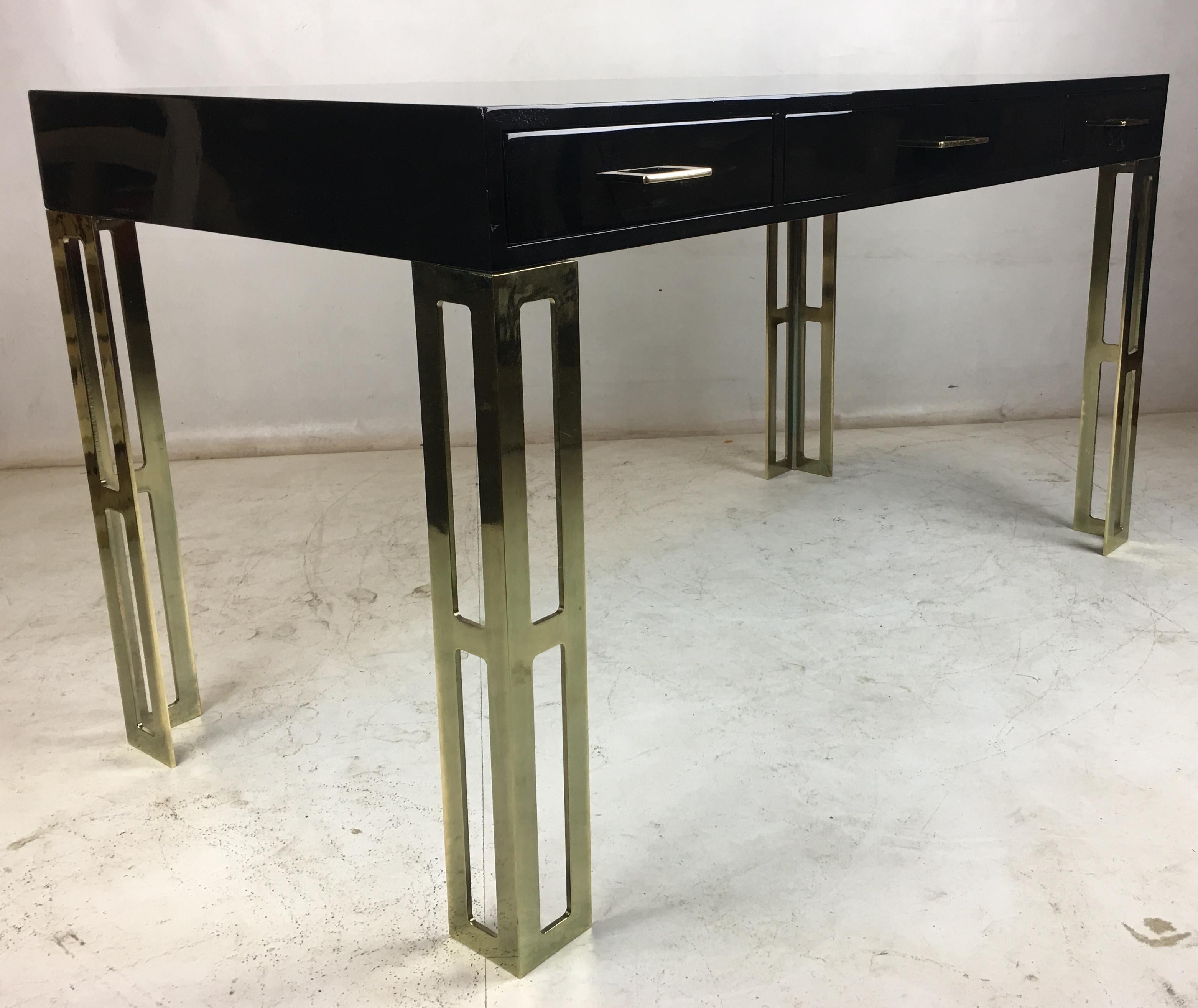 Mid-Century Modern Black Lacquer Writing Table with Brass Legs and Hardware