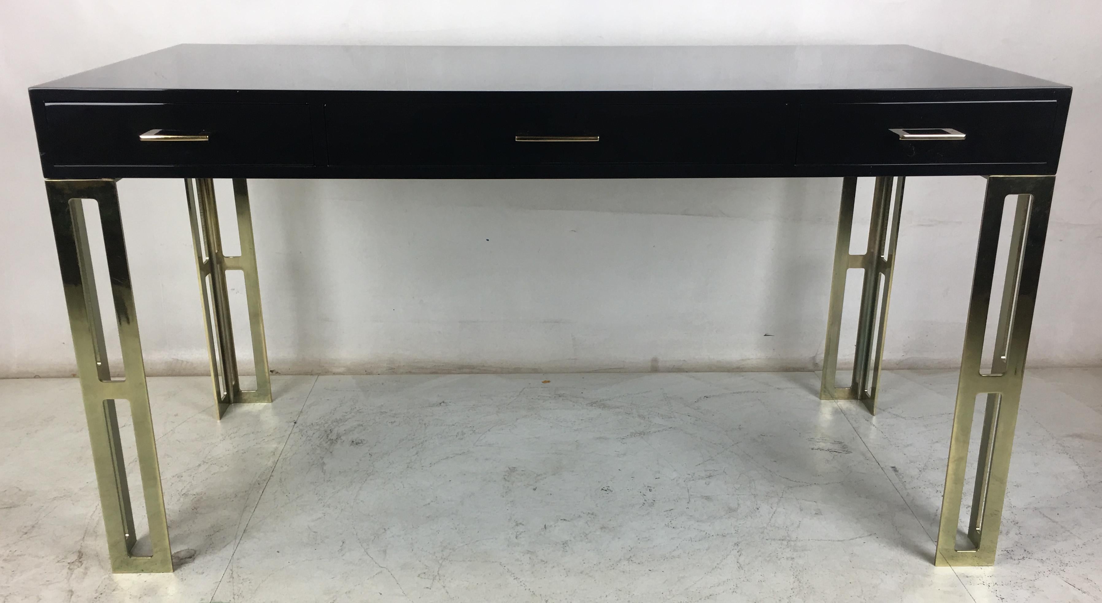 American Black Lacquer Writing Table with Brass Legs and Hardware