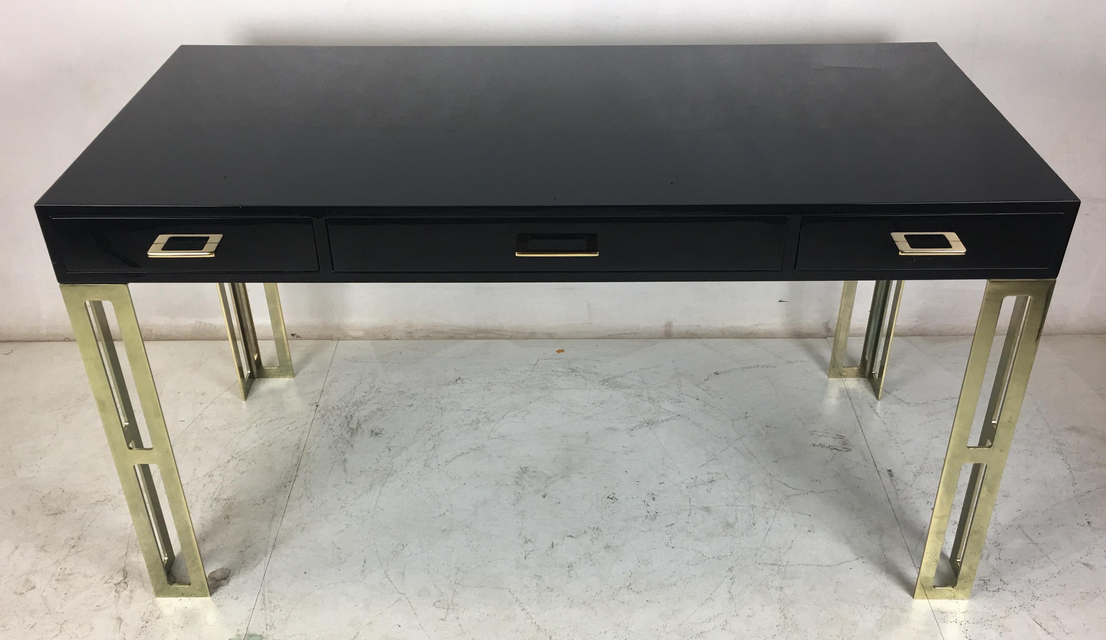 Black Lacquer Writing Table with Brass Legs and Hardware In Excellent Condition In Danville, CA