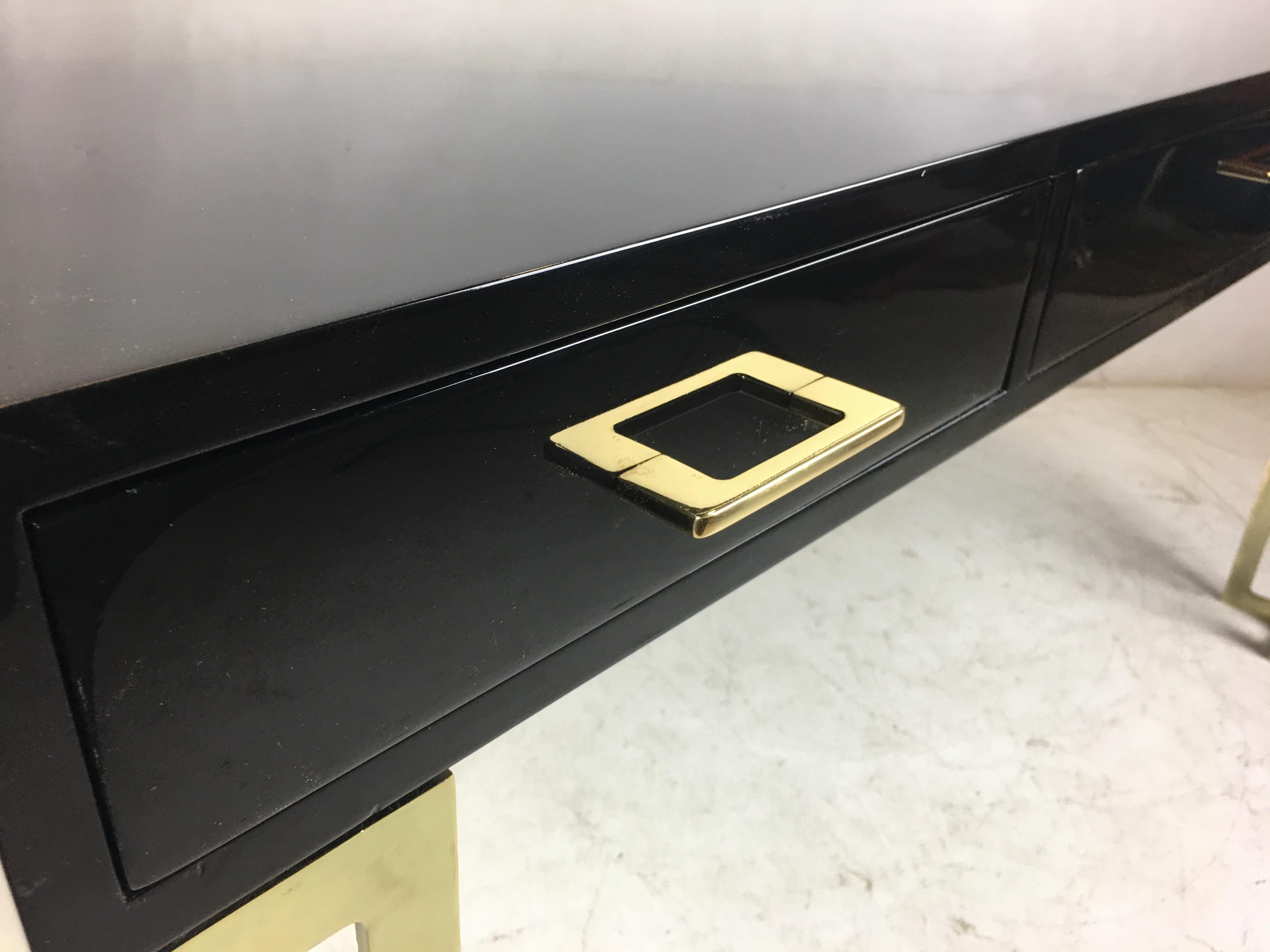 Late 20th Century Black Lacquer Writing Table with Brass Legs and Hardware