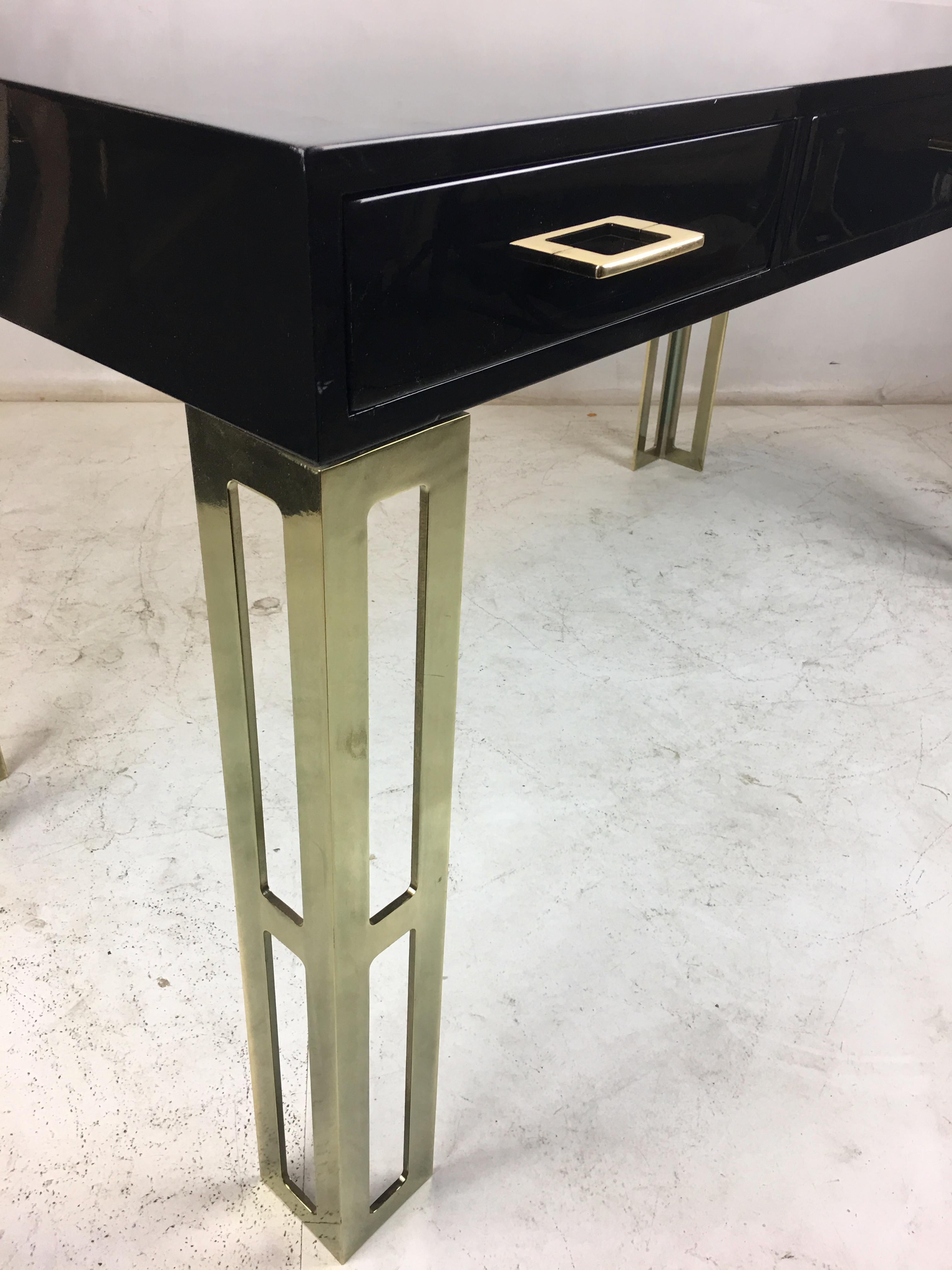 Black Lacquer Writing Table with Brass Legs and Hardware 1