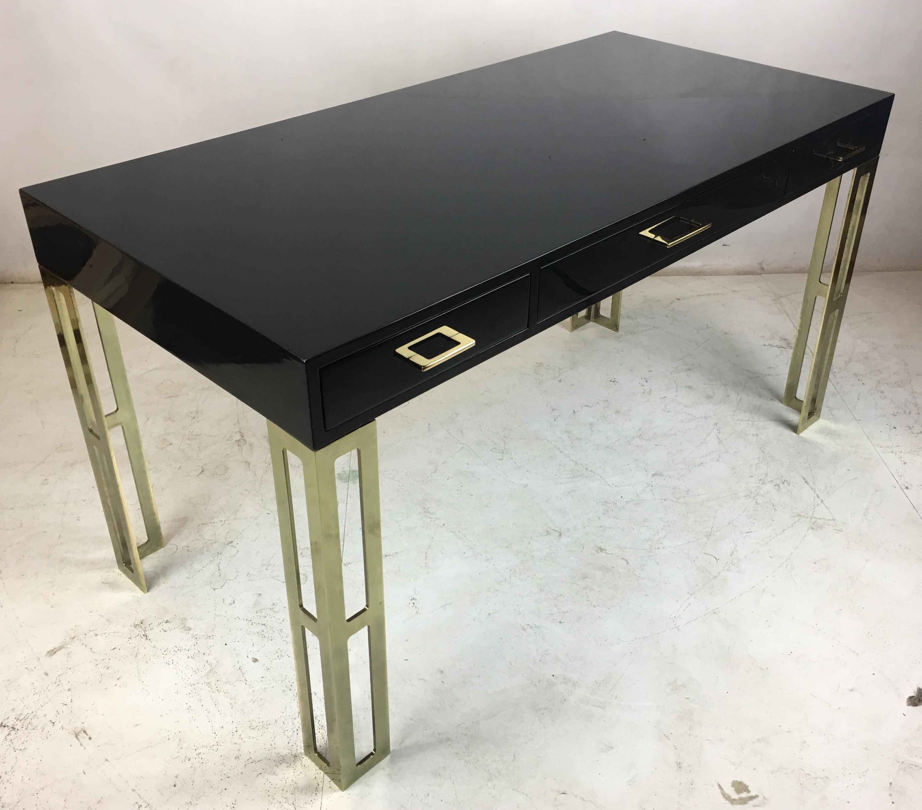 Black Lacquer Writing Table with Brass Legs and Hardware 2