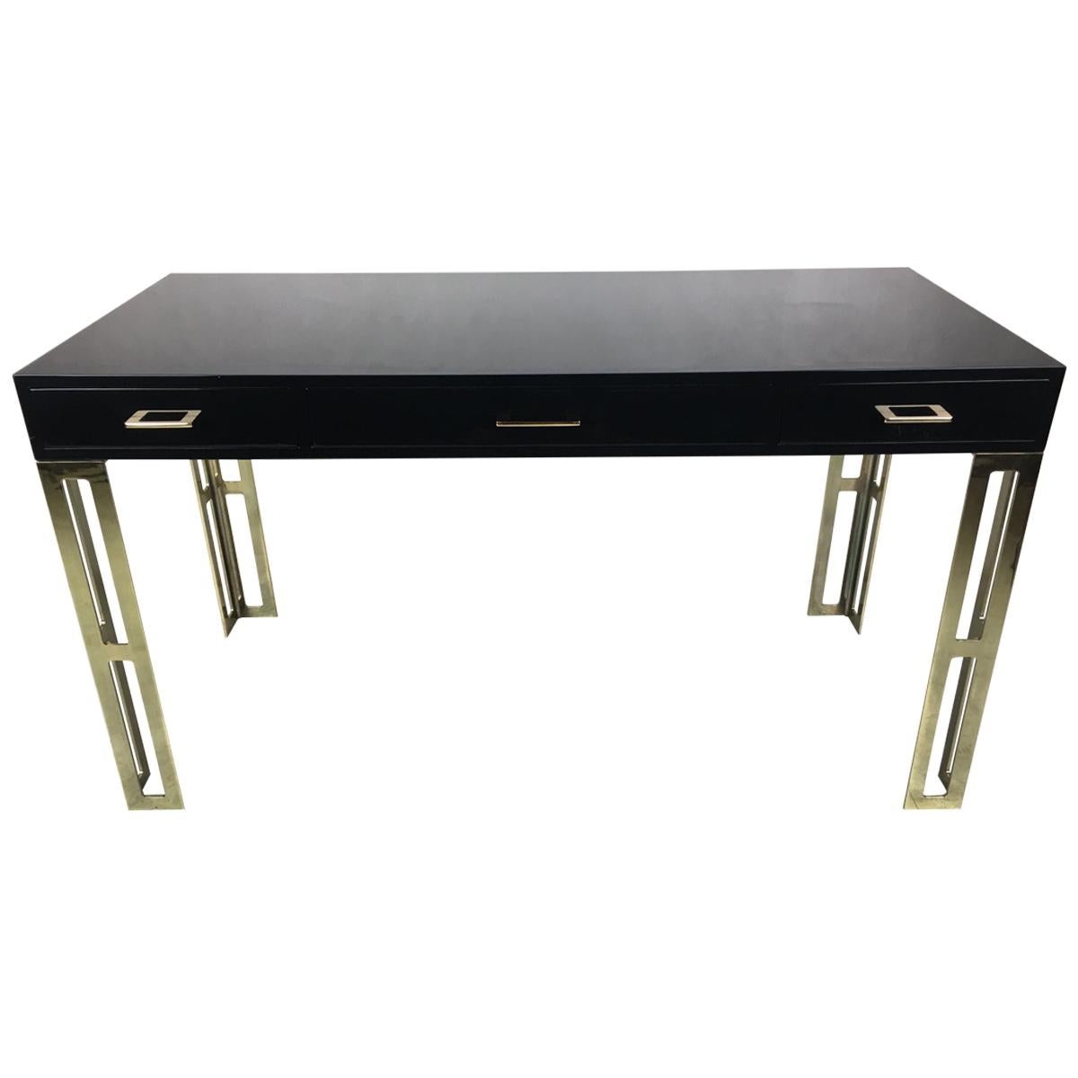 Black Lacquer Writing Table with Brass Legs and Hardware