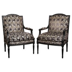 Black Lacquered 1940's Louis XVI Style Chairs in Flocked Velvet 'Floor Sample'