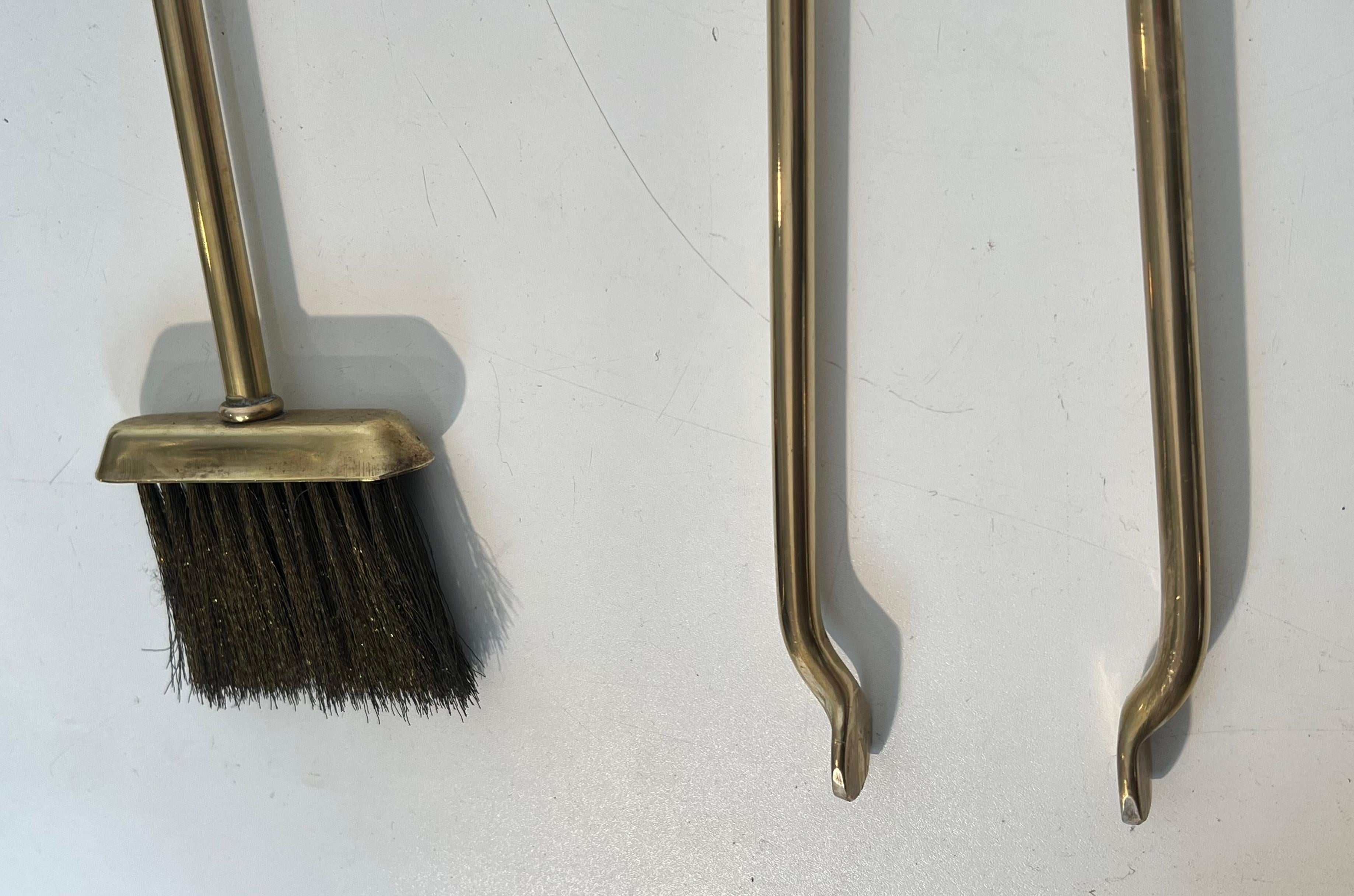Black Lacquered and Brass Design Fireplace Tools on Stand For Sale 3