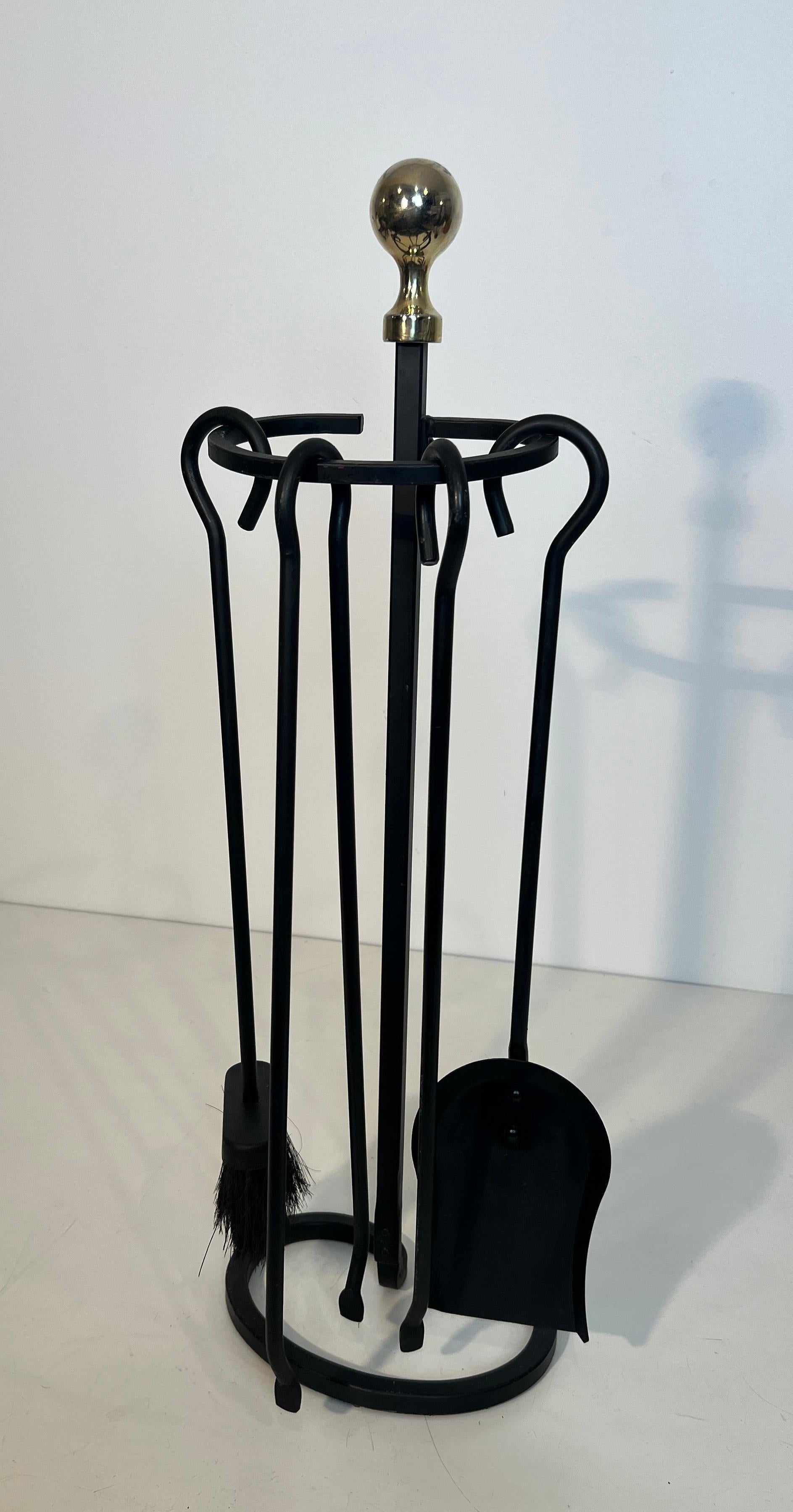 Black Lacquered and Brass Design Fireplace Tools on Stand For Sale 5