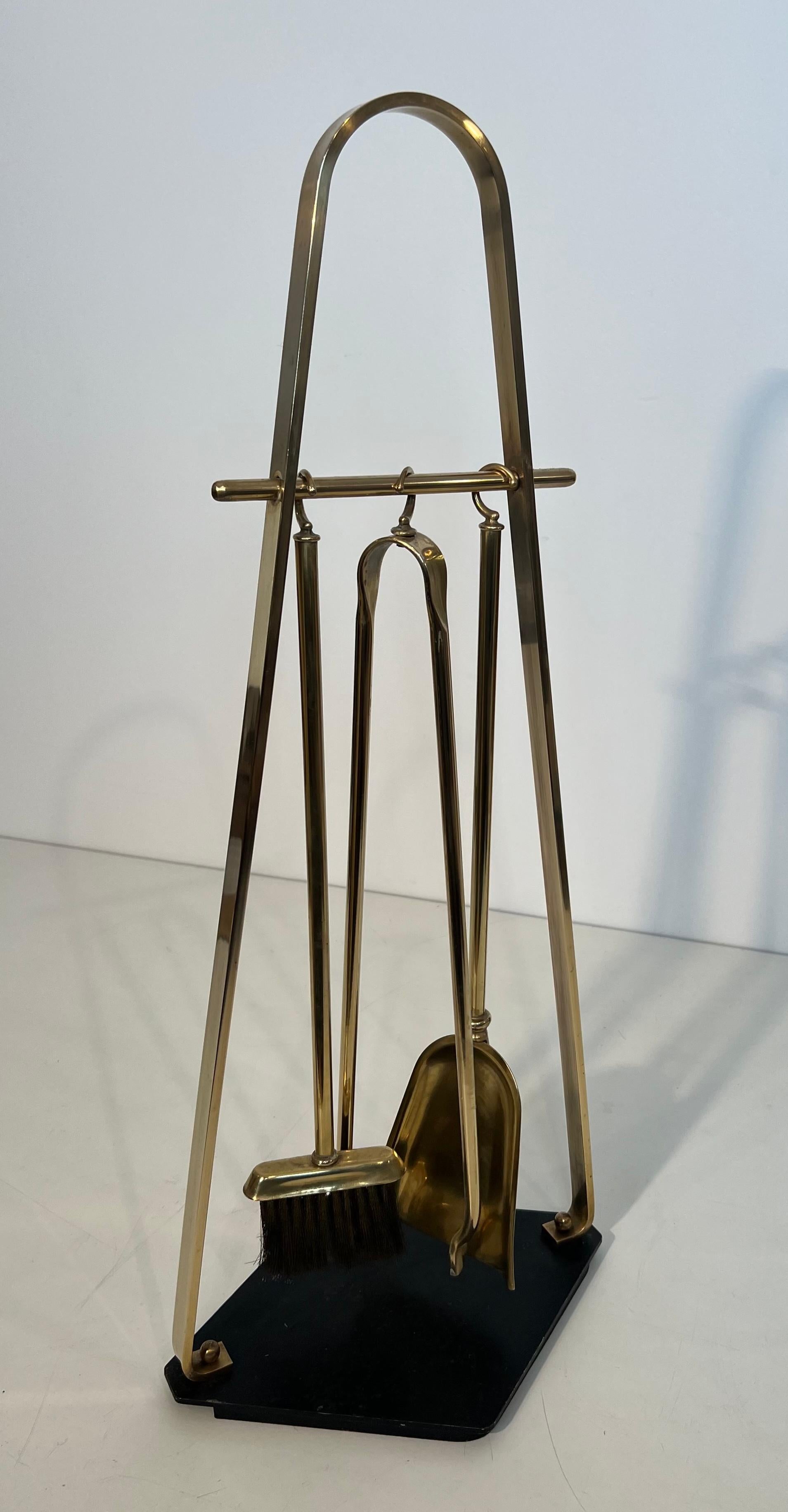 Black Lacquered and Brass Design Fireplace Tools on Stand For Sale 5