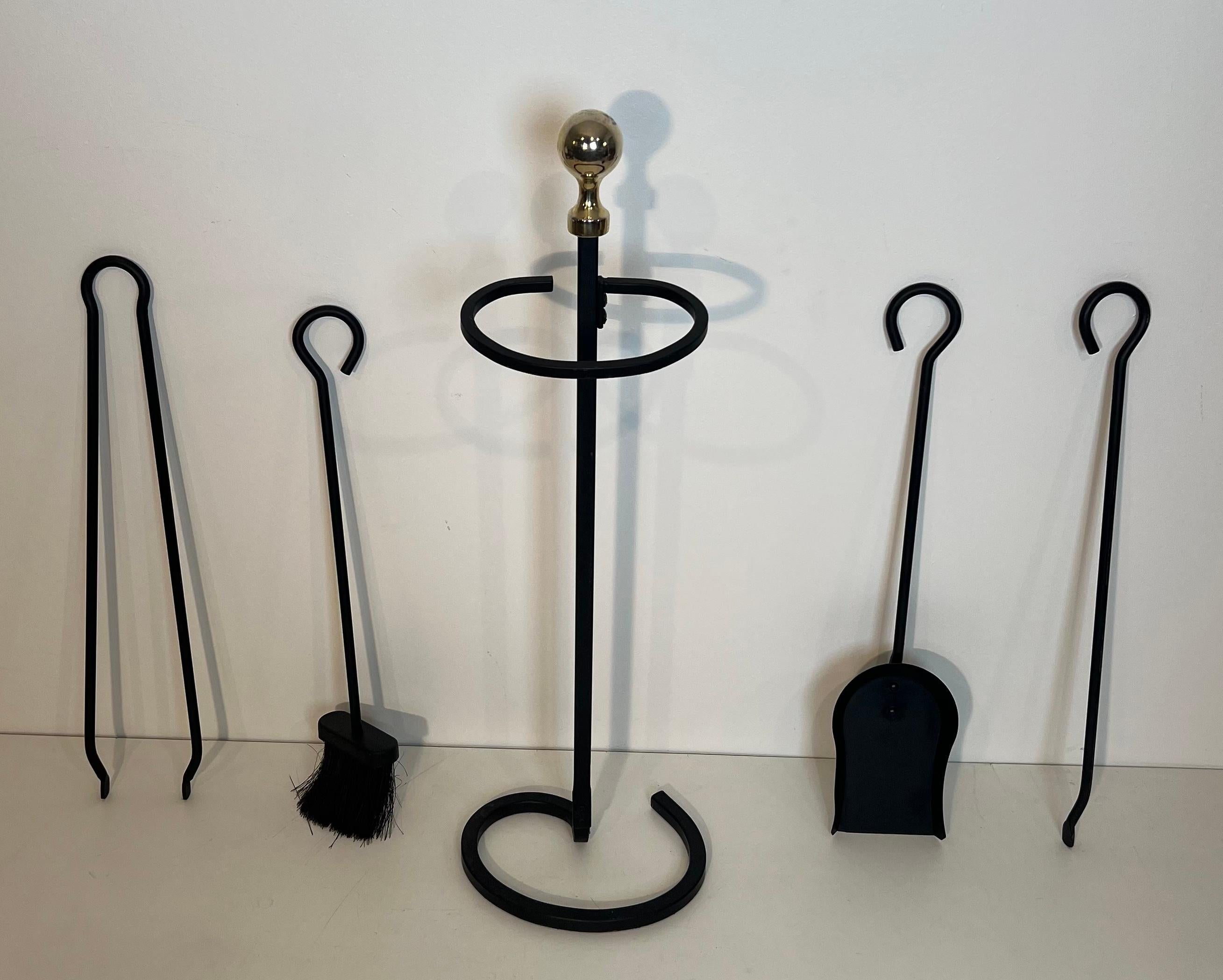 Black Lacquered and Brass Design Fireplace Tools on Stand For Sale 6