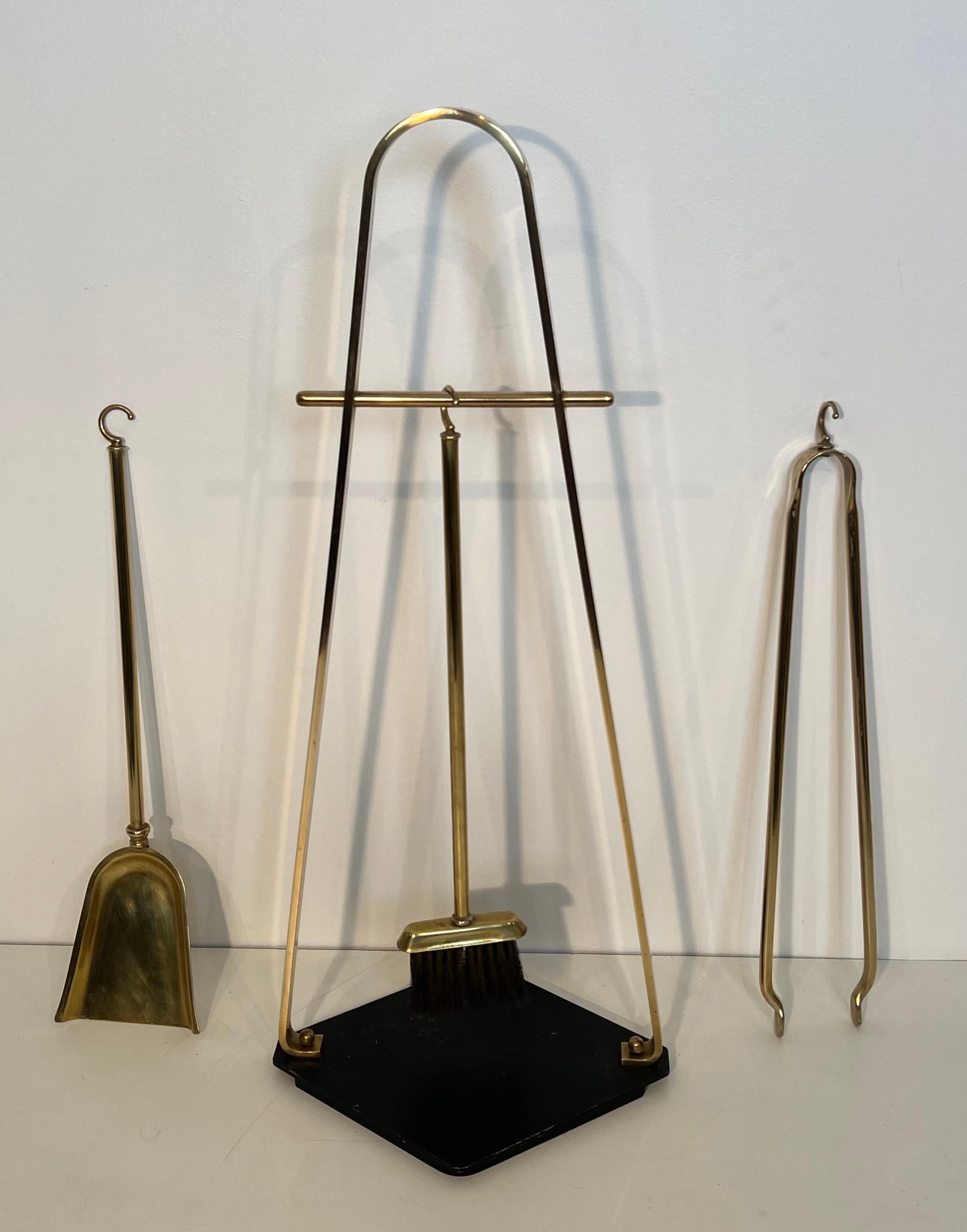 Black Lacquered and Brass Design Fireplace Tools on Stand For Sale 6