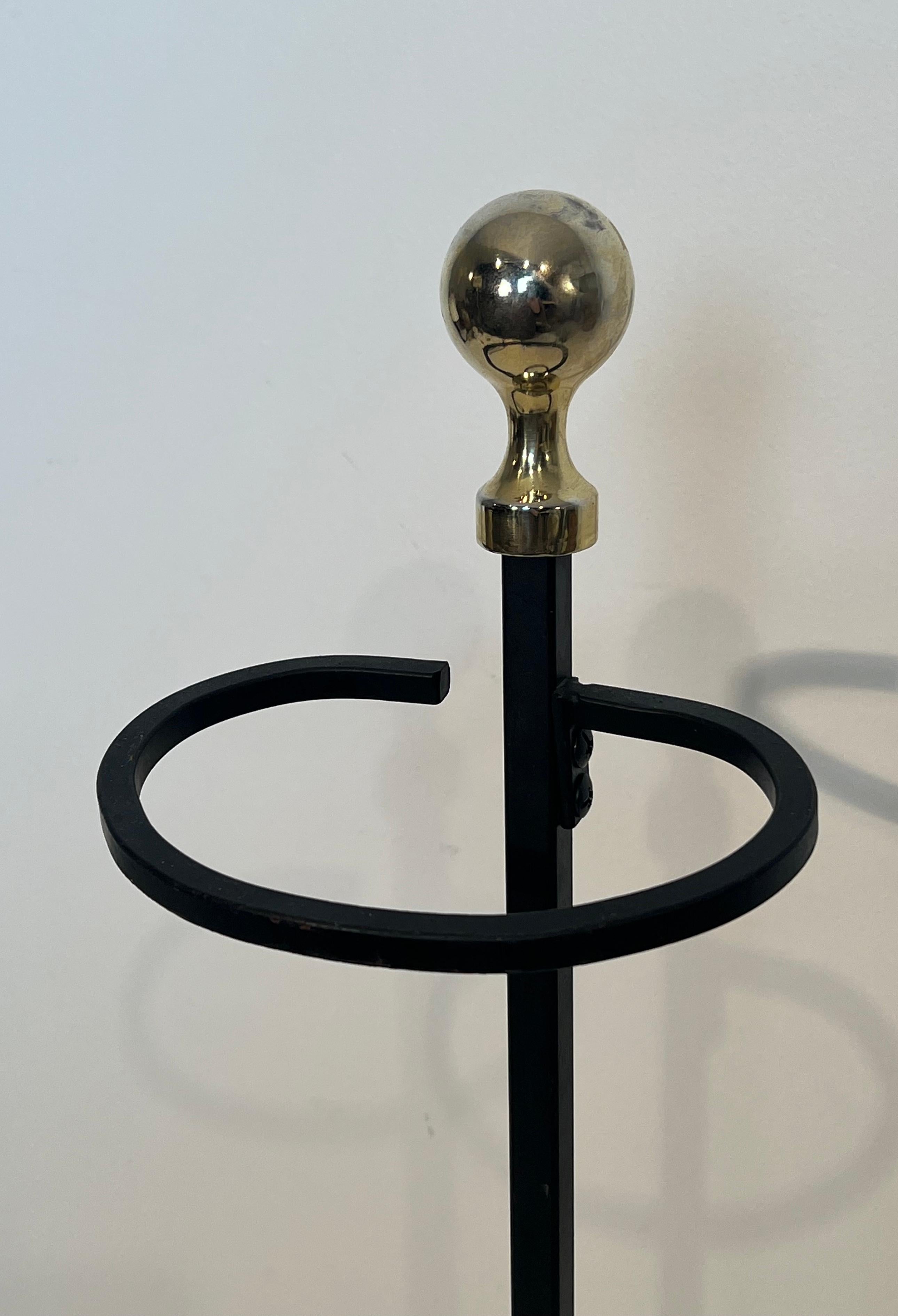 Black Lacquered and Brass Design Fireplace Tools on Stand For Sale 8