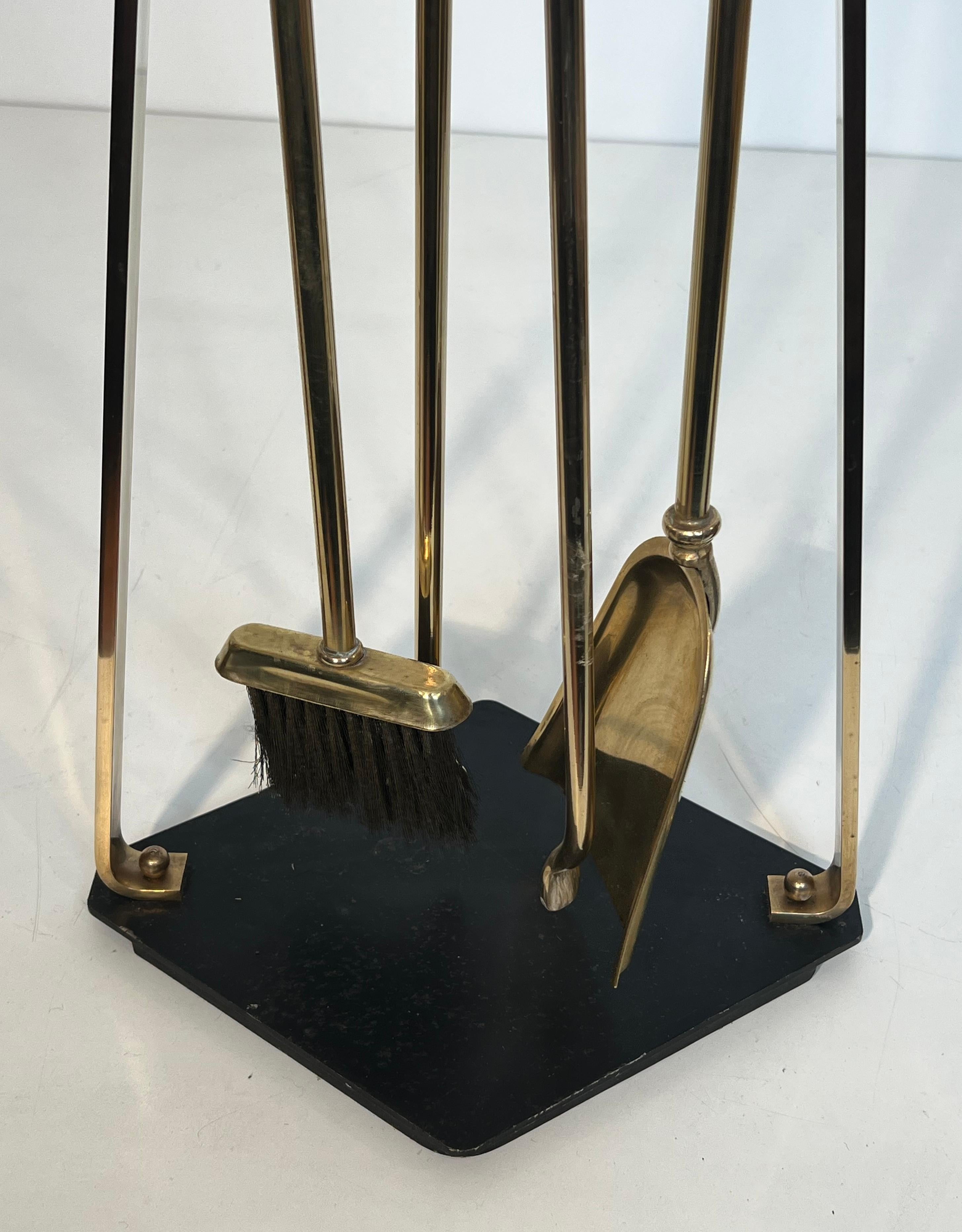 Black Lacquered and Brass Design Fireplace Tools on Stand For Sale 8