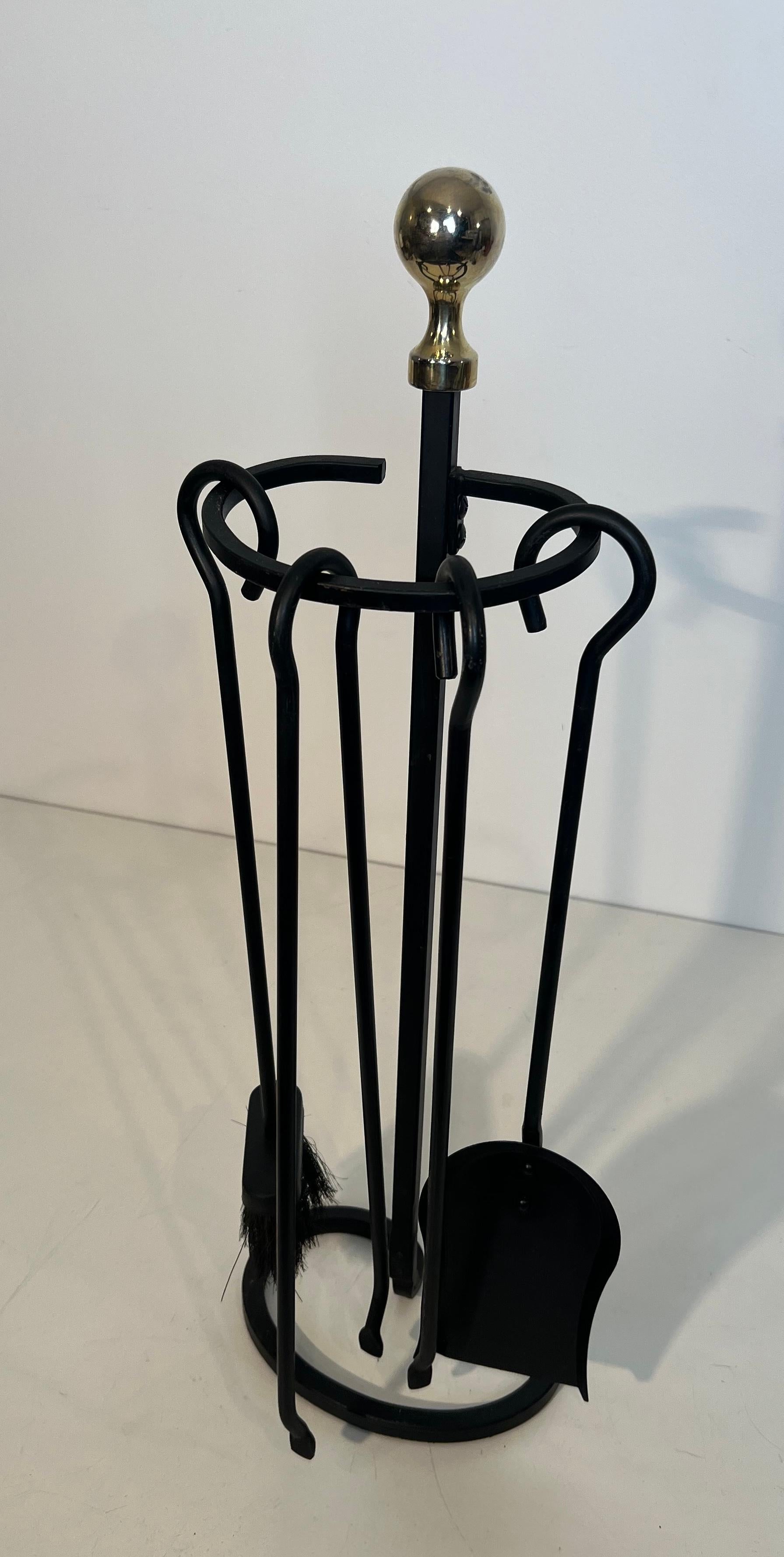 Black Lacquered and Brass Design Fireplace Tools on Stand For Sale 10