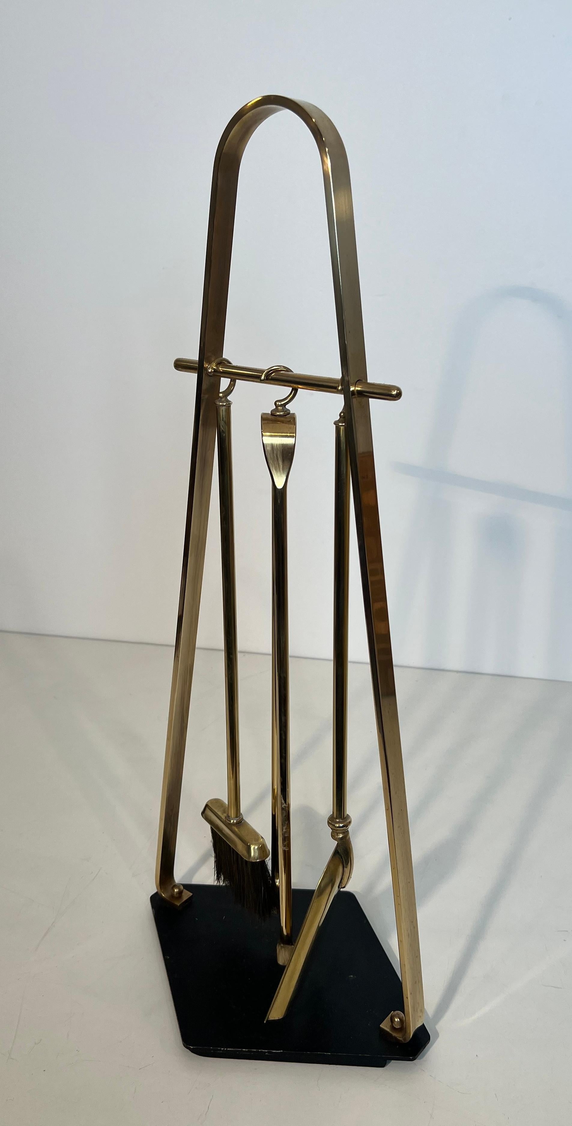 Black Lacquered and Brass Design Fireplace Tools on Stand For Sale 10