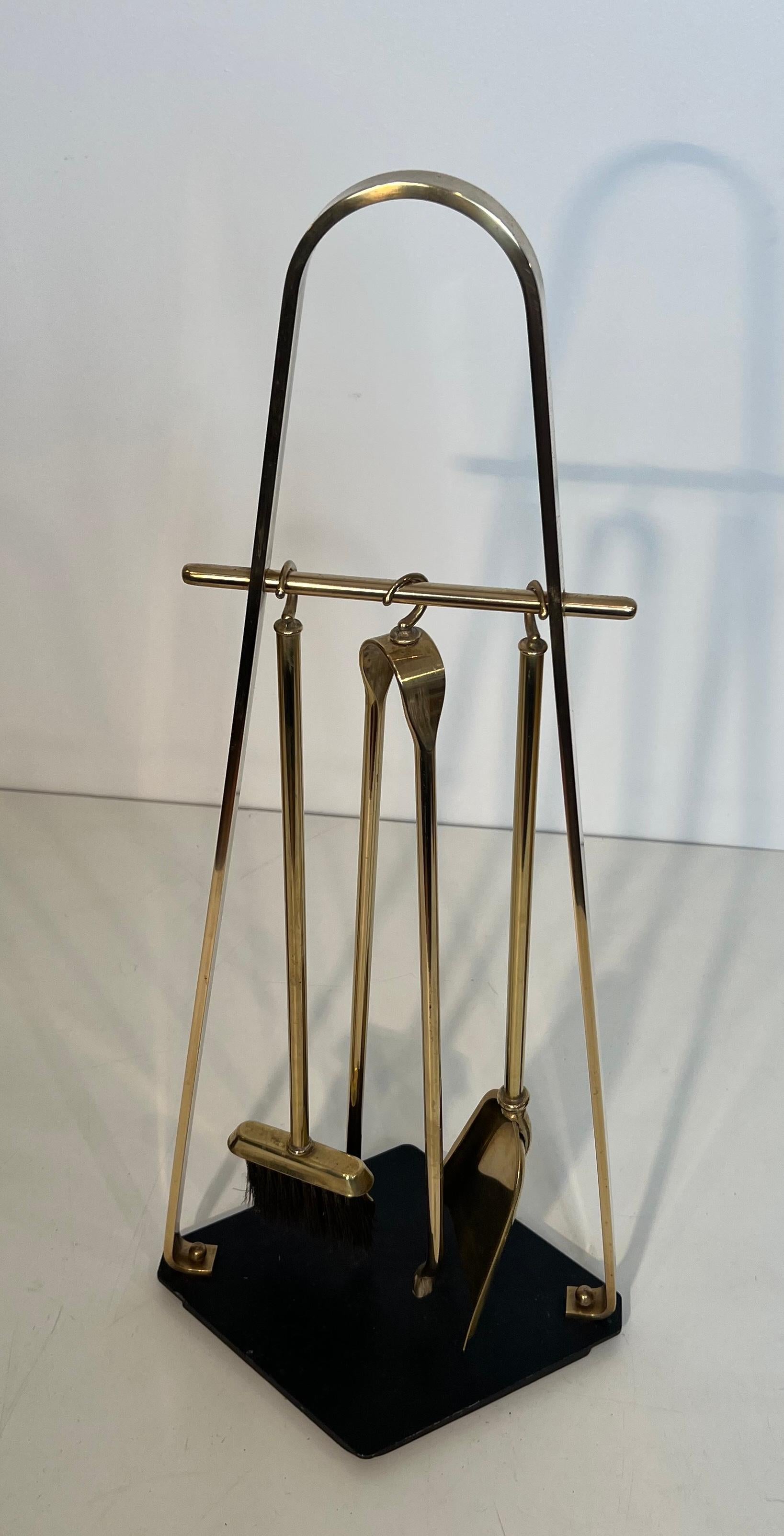 Black Lacquered and Brass Design Fireplace Tools on Stand For Sale 11